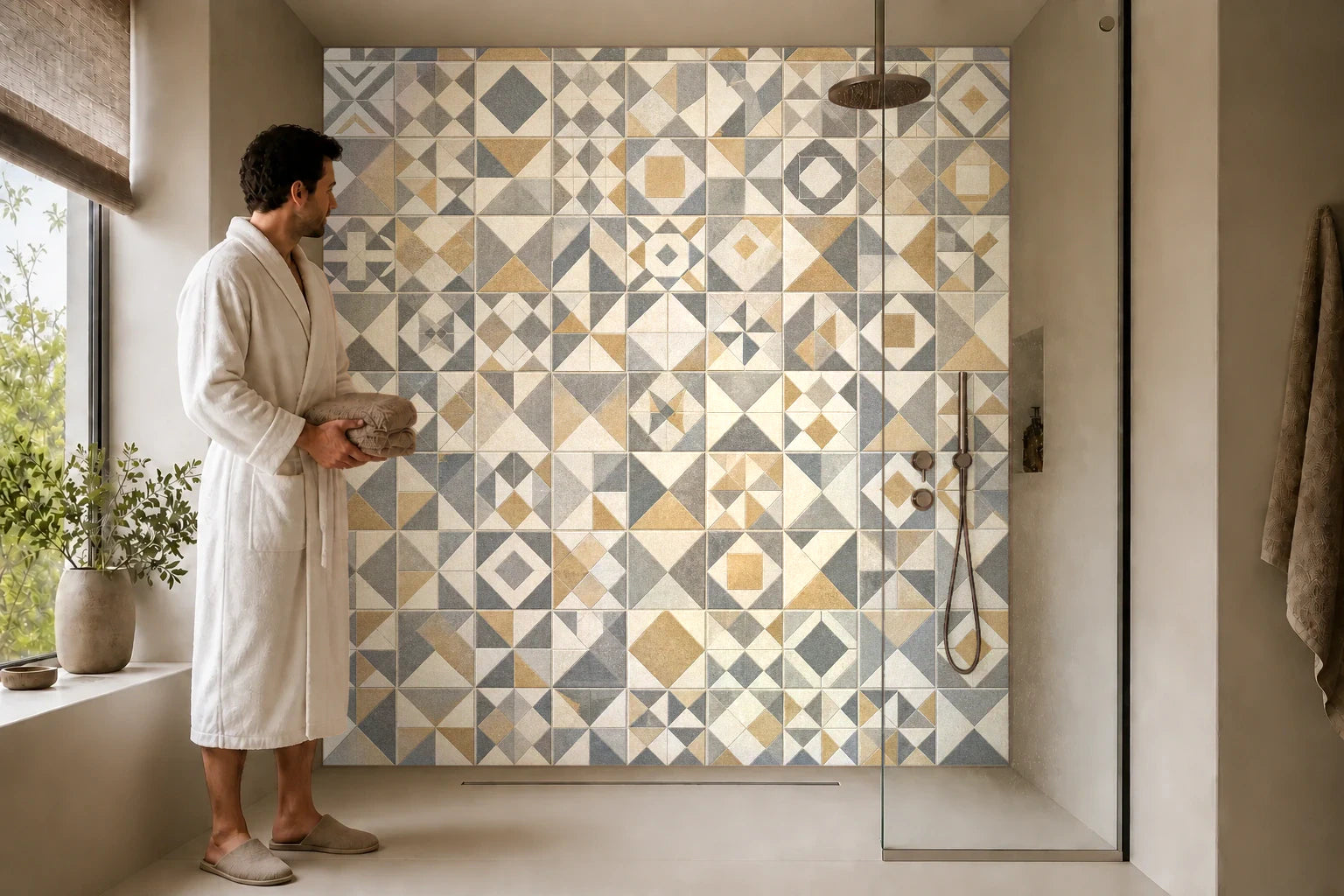 Duschrückwand „Leises Ockerpatchwork“ in einer Dusche mit einem Mann im Bademantel