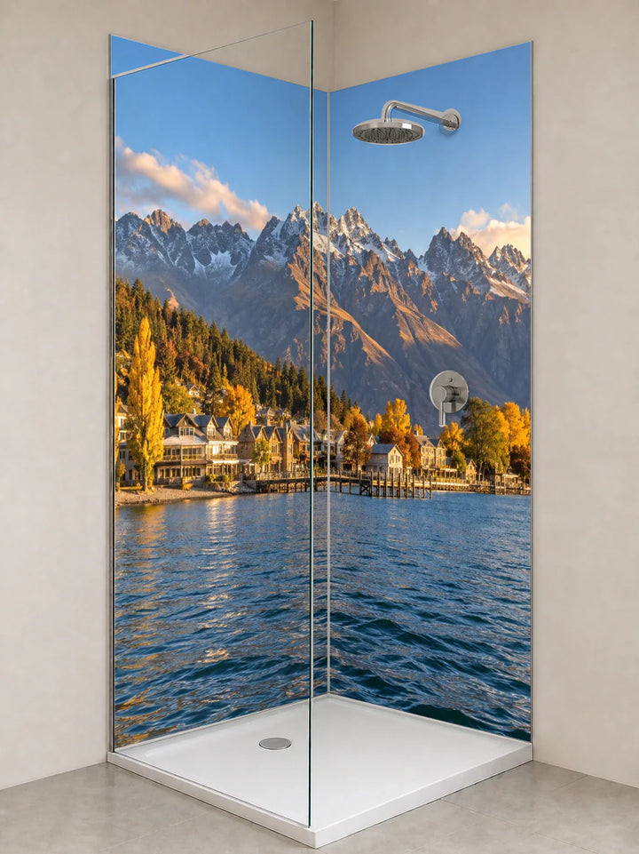 Duschrückwand „Queenstown im Herbst“ als installierte Rückwand in einer hellen Dusche