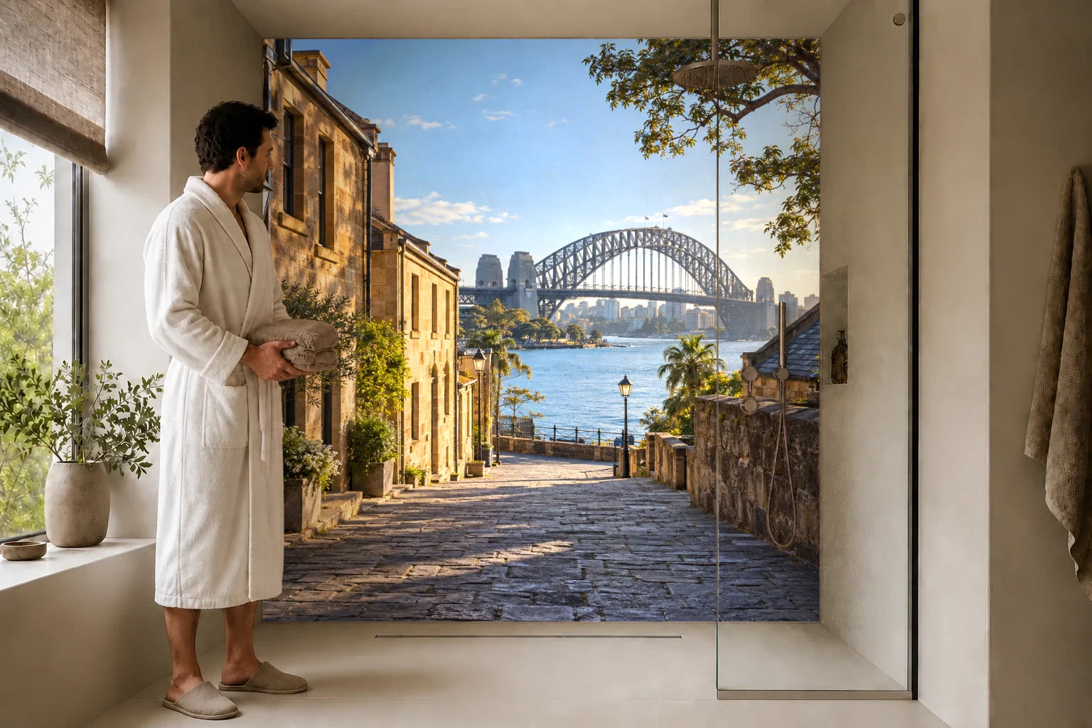 Duschrückwand „Sydney im Morgenlicht“ in einer Dusche mit einem Mann im Bademantel