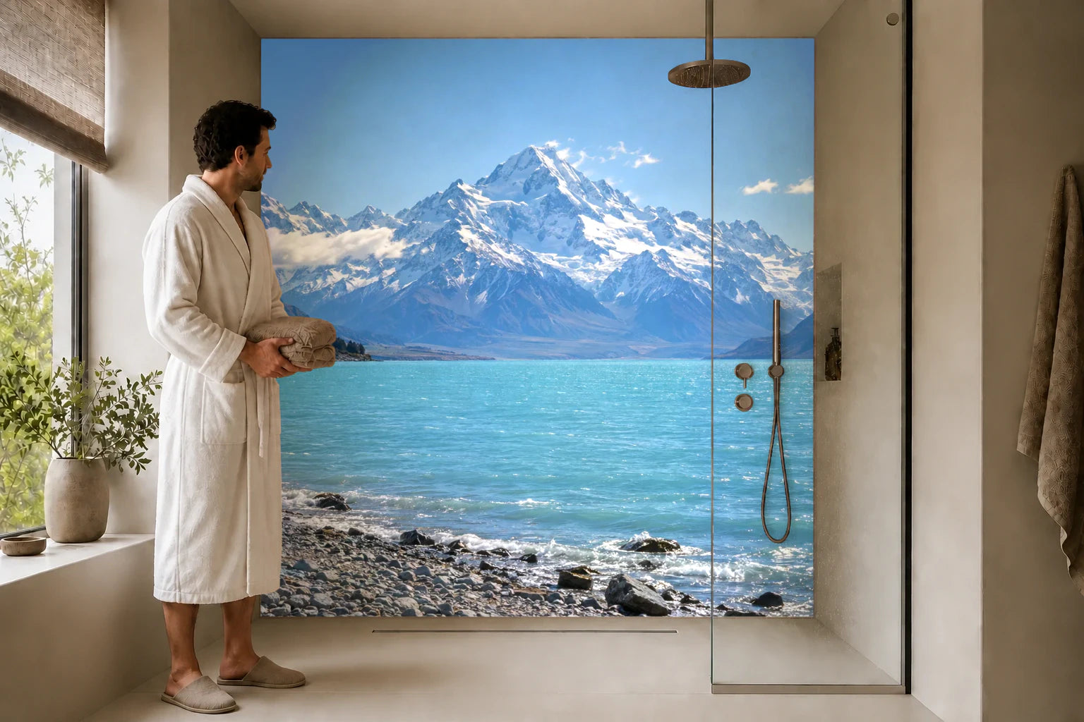 Duschrückwand „Aoraki über dem Gletschersee“ in einer Dusche mit einem Mann im Bademantel
