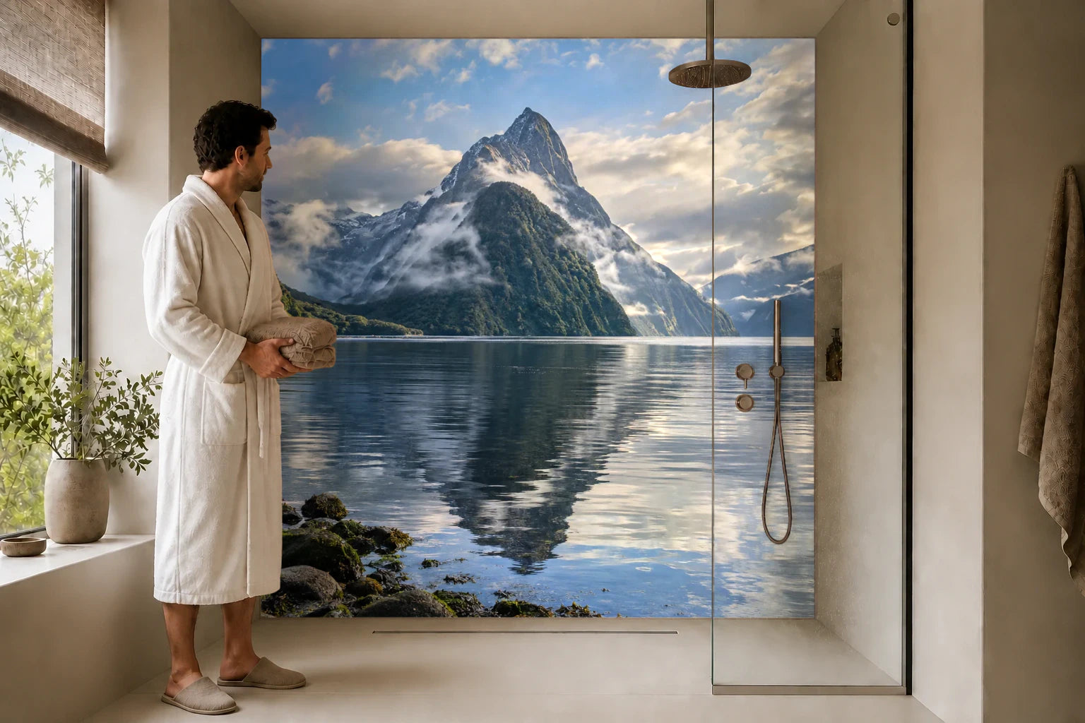 Duschrückwand „Milford Sound nach dem Regen“ in einer Dusche mit einem Mann im Bademantel