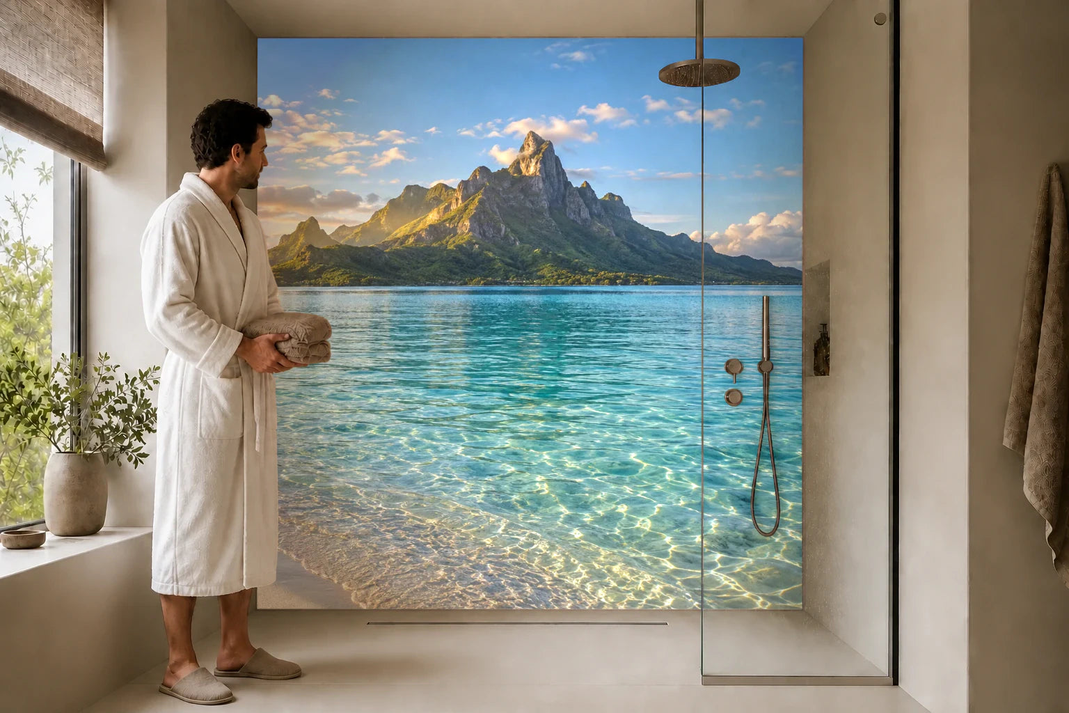 Duschrückwand „Bora Boras Lagune im ersten Licht“ in einer Dusche mit einem Mann im Bademantel