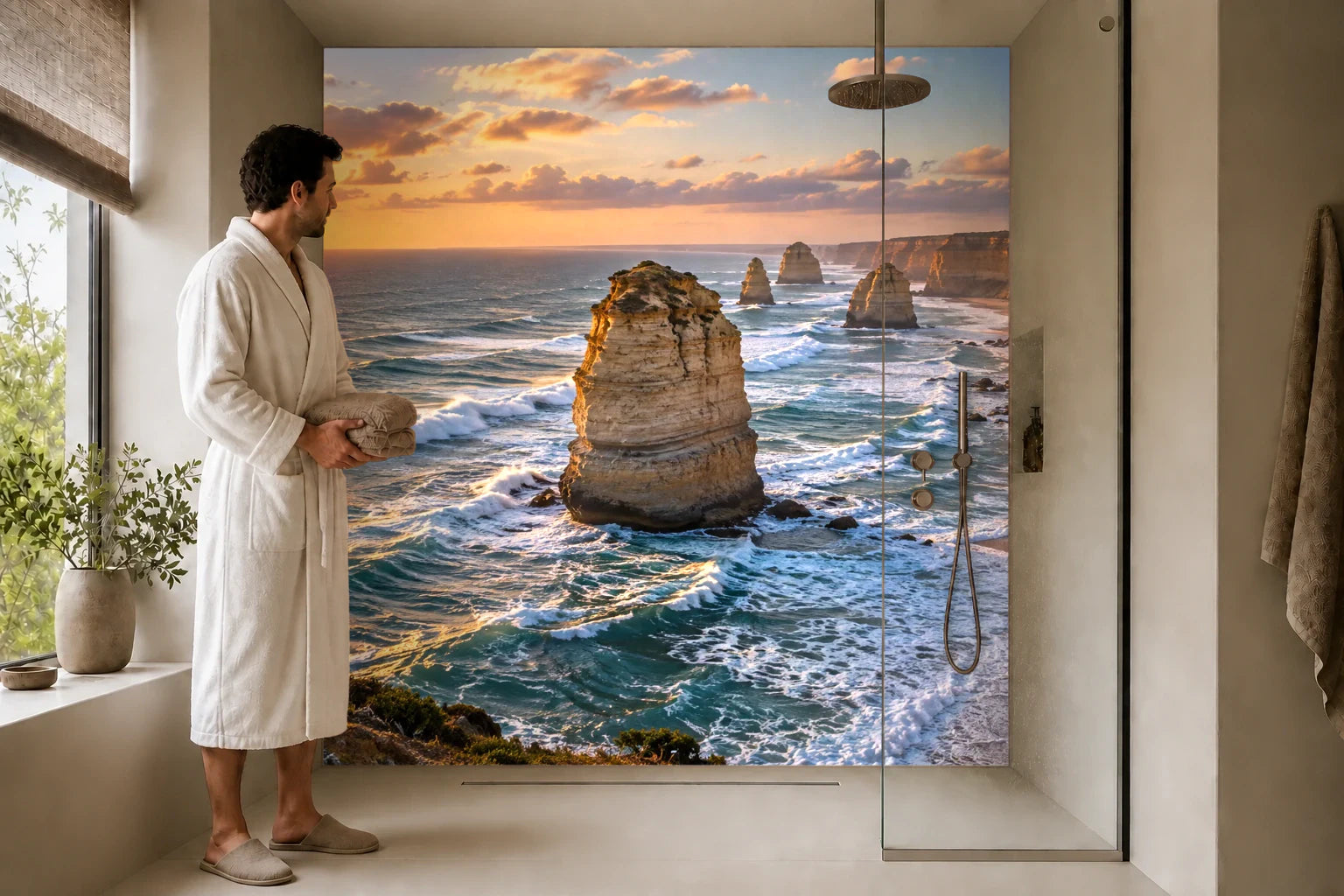 Duschrückwand „Abendlicht an den Twelve Apostles“ in einer Dusche mit einem Mann im Bademantel