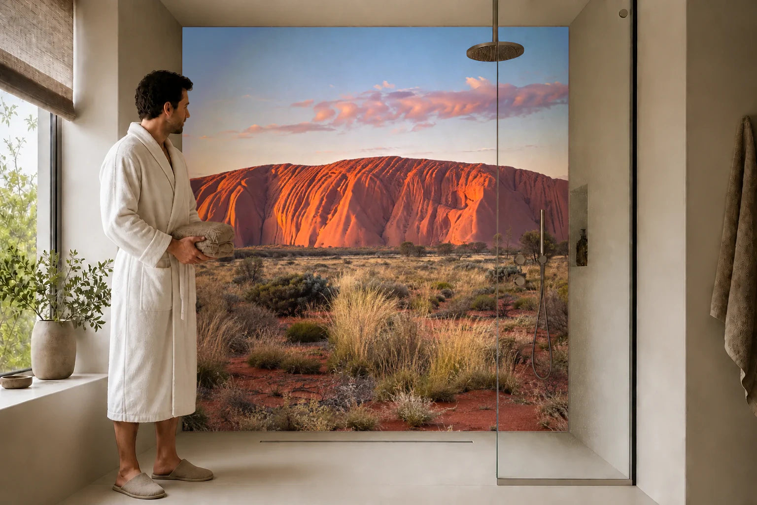 Duschrückwand „Uluru im ersten Sonnenlicht“ in einer Dusche mit einem Mann im Bademantel