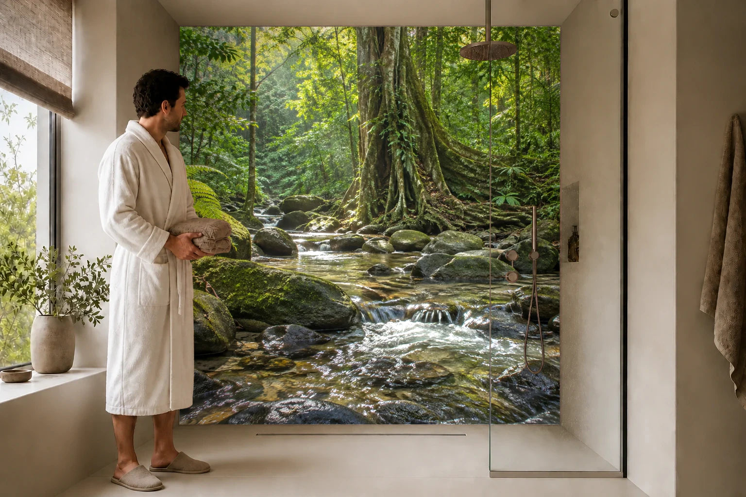 Duschrückwand „Ein Bach im Daintree-Regenwald“ in einer Dusche mit einem Mann im Bademantel