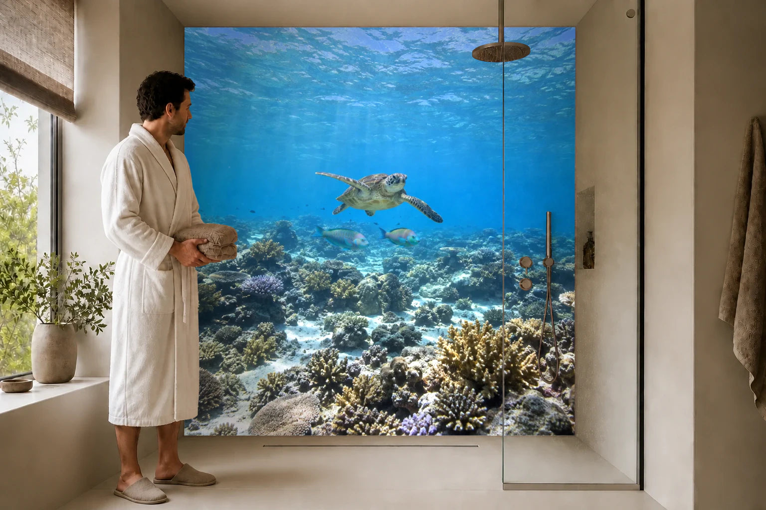 Duschrückwand „Schildkröte am Great Barrier Reef“ in einer Dusche mit einem Mann im Bademantel