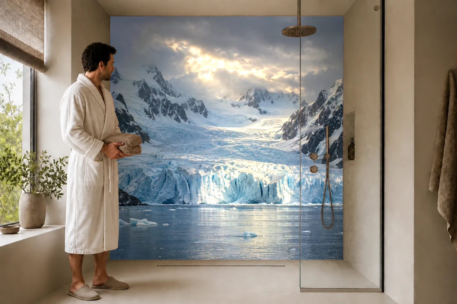 Duschrückwand „Licht auf dem antarktischen Gletscher“ in einer Dusche mit einem Mann im Bademantel