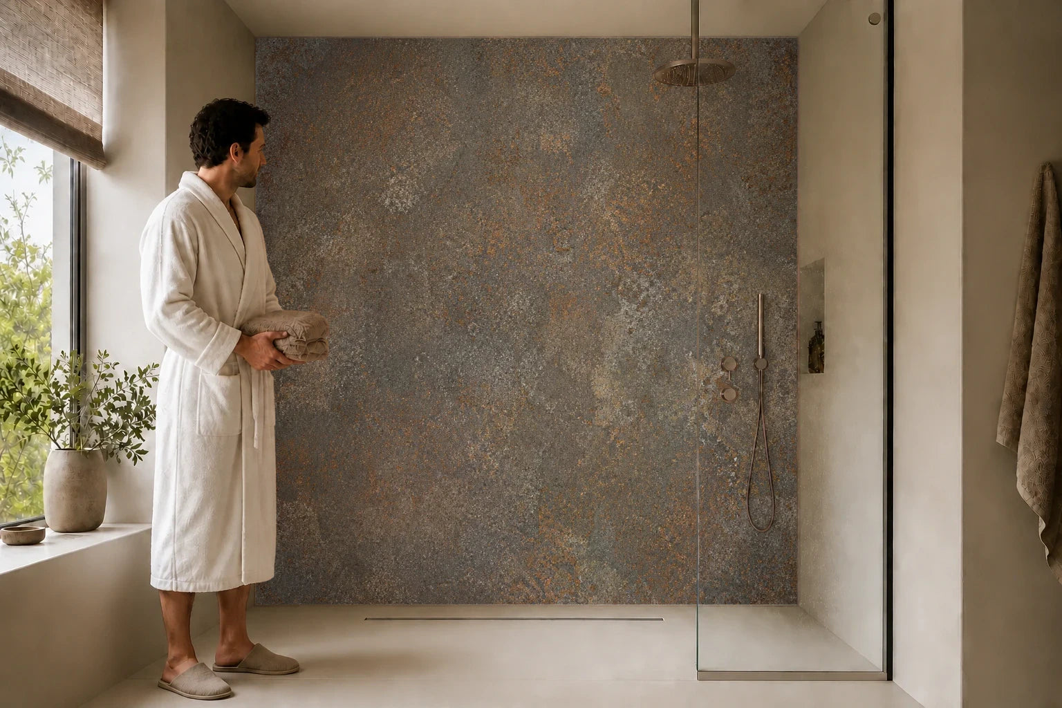 Duschrückwand „Rostpatina in Erdtönen“ in einer Dusche mit einem Mann im Bademantel