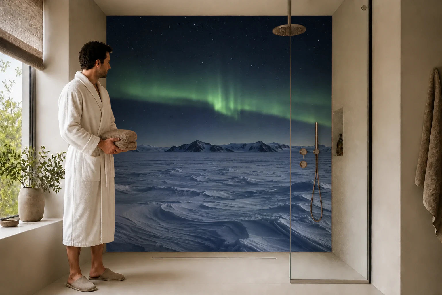Duschrückwand „Südlicht über antarktischem Schnee“ in einer Dusche mit einem Mann im Bademantel