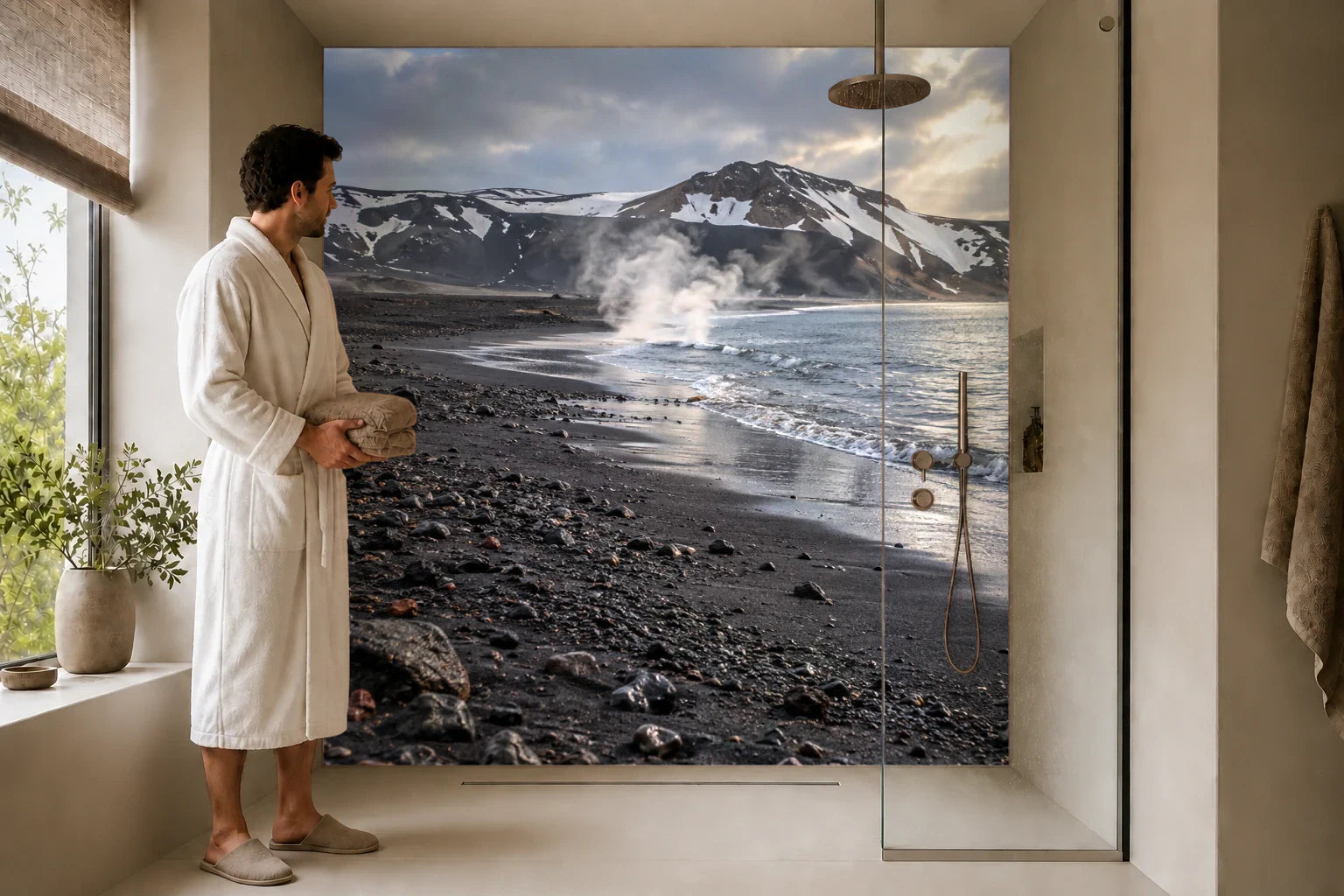 Duschrückwand „Dampf am Strand von Deception Island“ in einer Dusche mit einem Mann im Bademantel