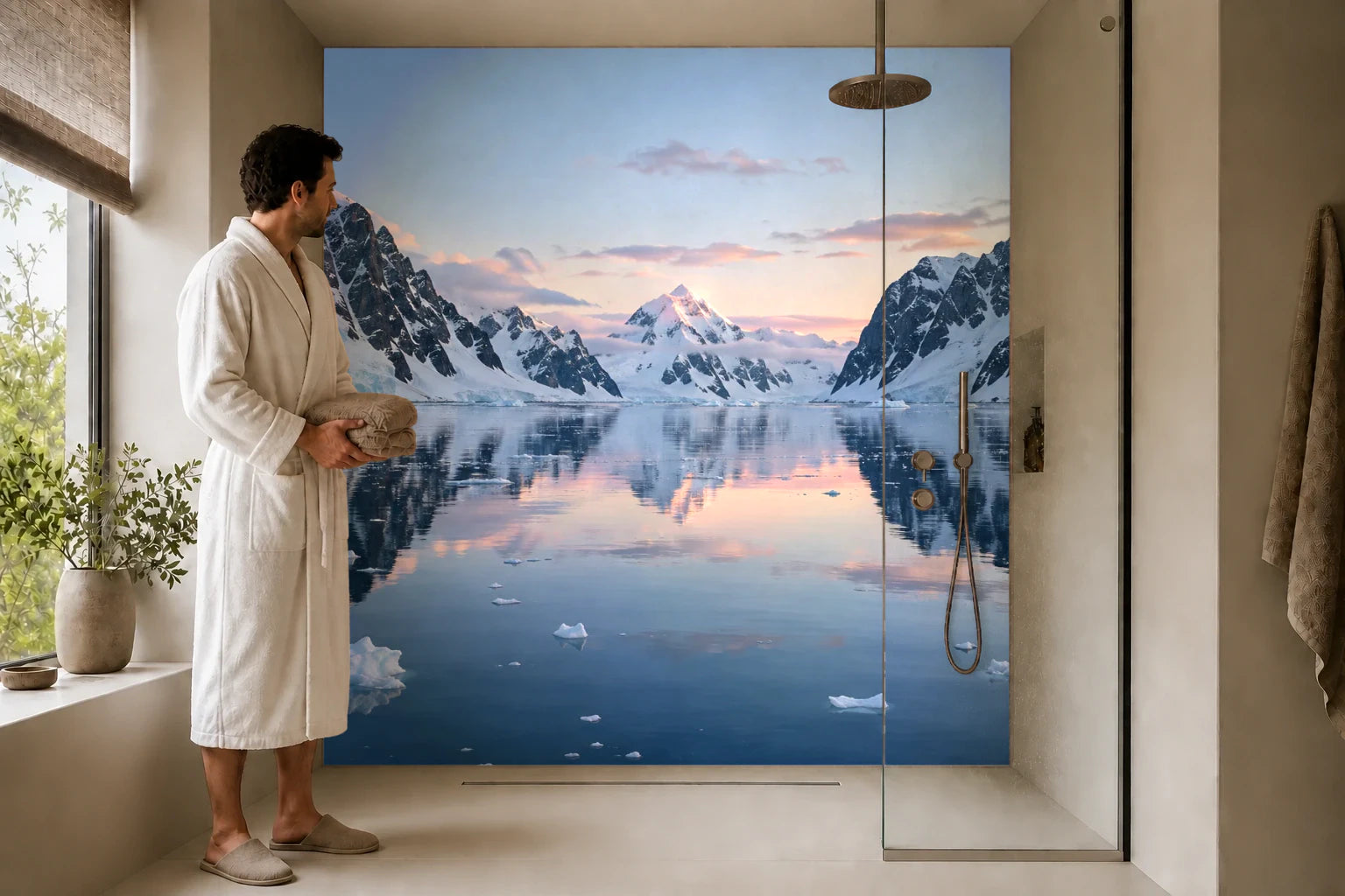 Duschrückwand „Lemaire-Kanal in stiller Spiegelung“ in einer Dusche mit einem Mann im Bademantel