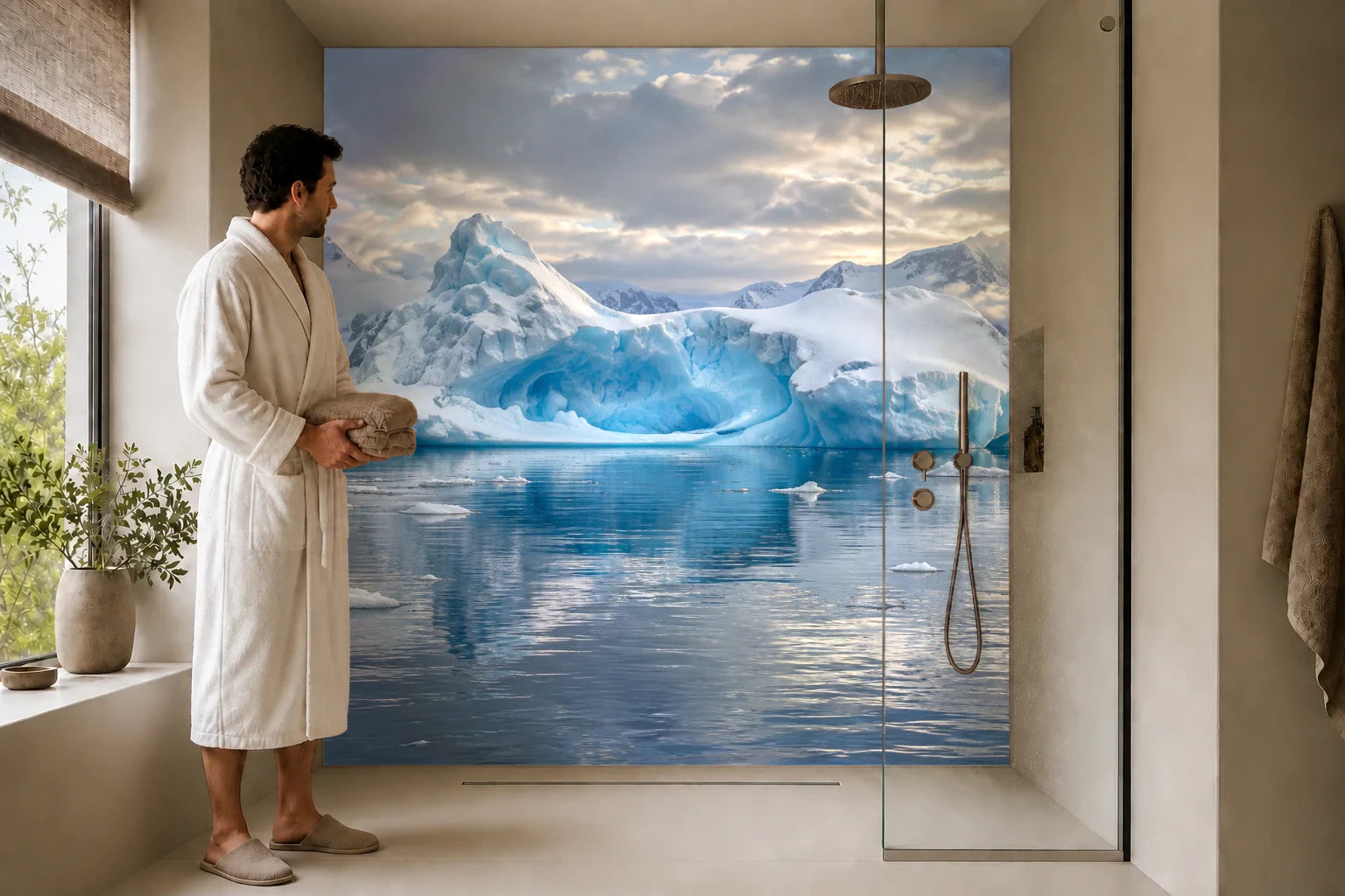 Duschrückwand „Eisberg in der Paradise Bay“ in einer Dusche mit einem Mann im Bademantel