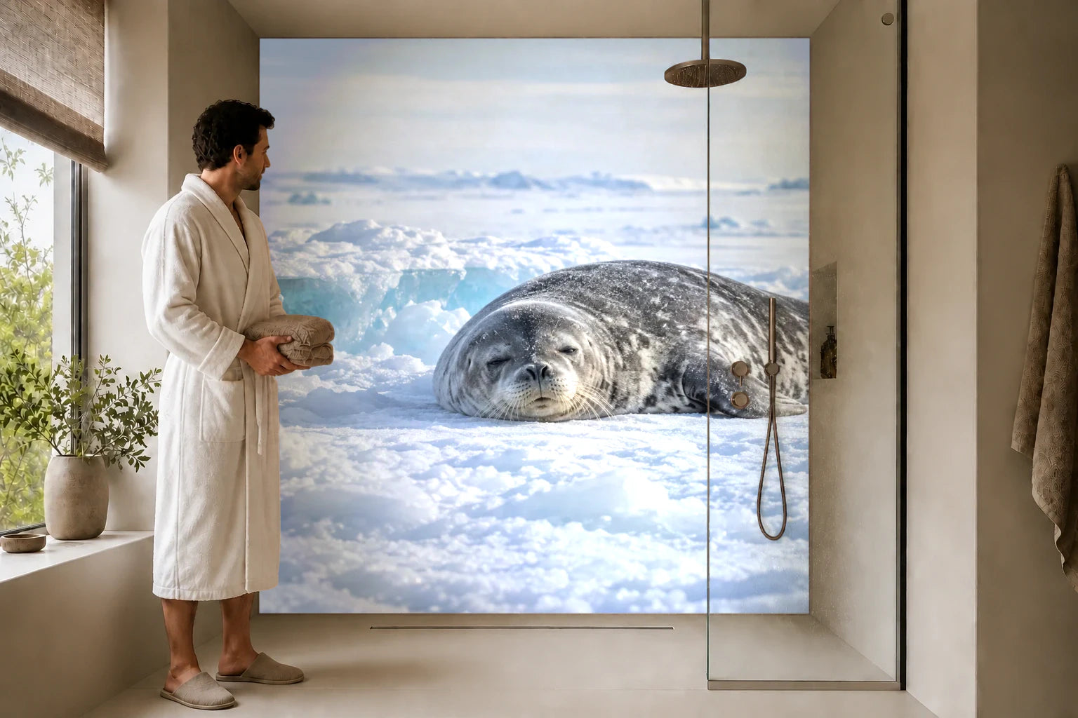 Duschrückwand „Weddellrobbe an der blauen Eiskante“ in einer Dusche mit einem Mann im Bademantel