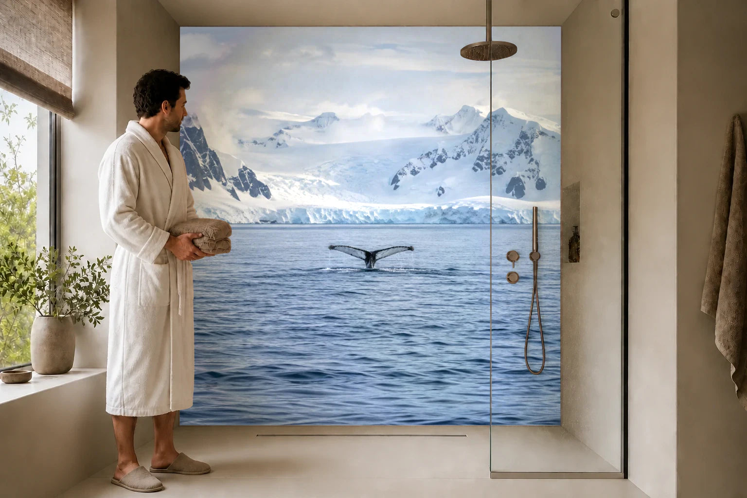 Duschrückwand „Buckelwal vor dem Gletscher“ in einer Dusche mit einem Mann im Bademantel