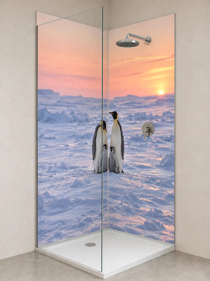 Duschrückwand „Kaiserpinguine im Morgenrosa“ als installierte Rückwand in einer hellen Dusche