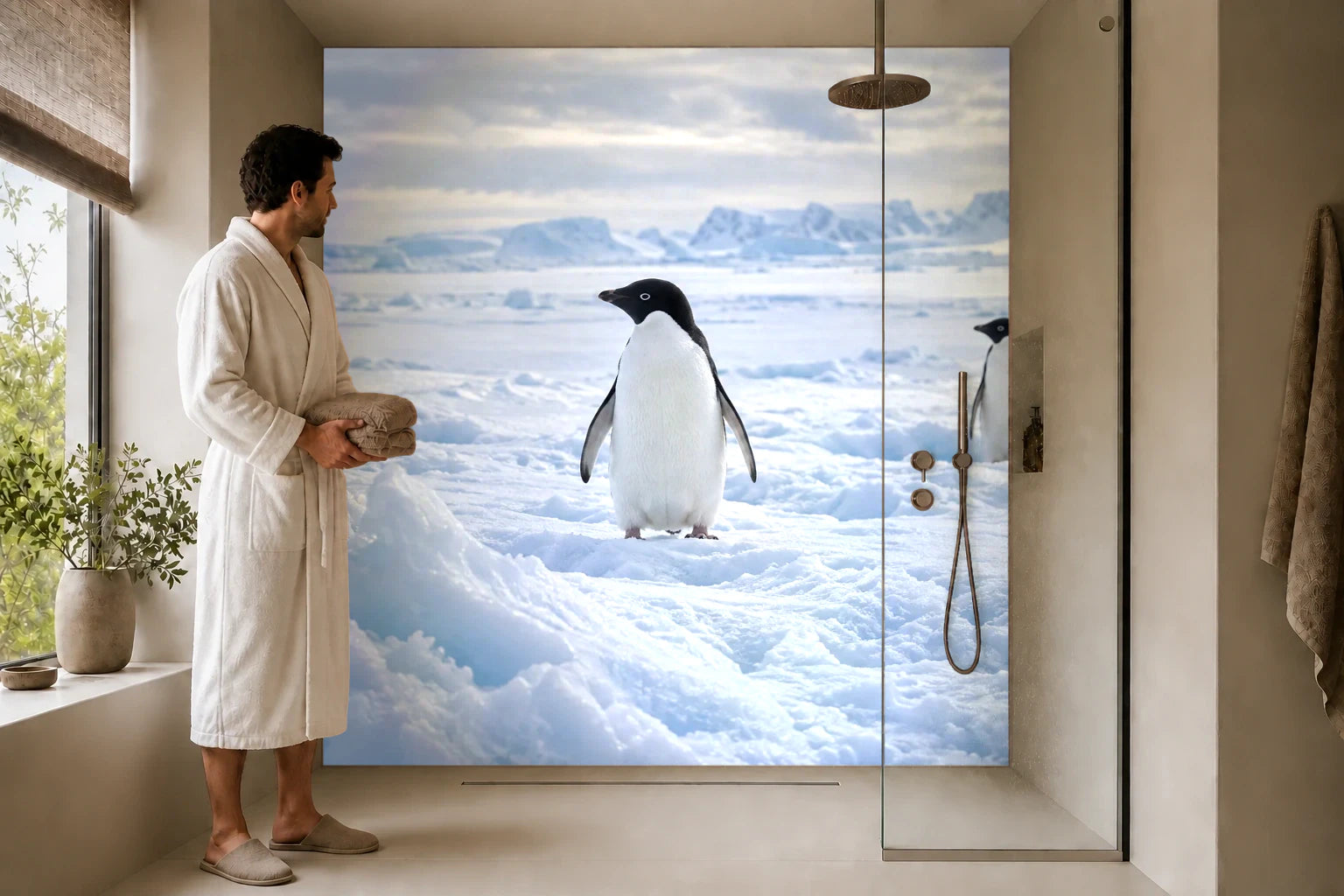 Duschrückwand „Adeliepinguine auf dem Meereis“ in einer Dusche mit einem Mann im Bademantel