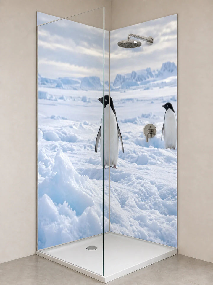 Duschrückwand „Adeliepinguine auf dem Meereis“ als installierte Rückwand in einer hellen Dusche