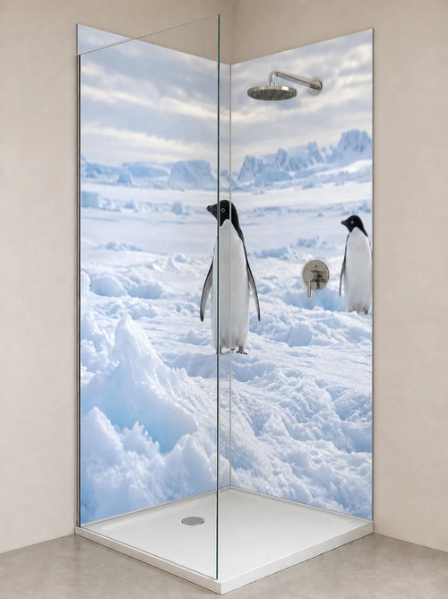Duschrückwand „Adeliepinguine auf dem Meereis“ als installierte Rückwand in einer hellen Dusche