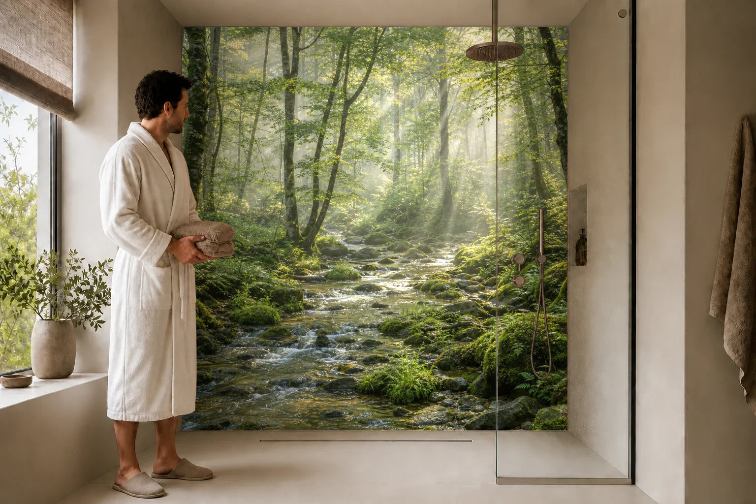 Duschrückwand „Nebelwald am Quelllauf“ in einer Dusche mit einem Mann im Bademantel