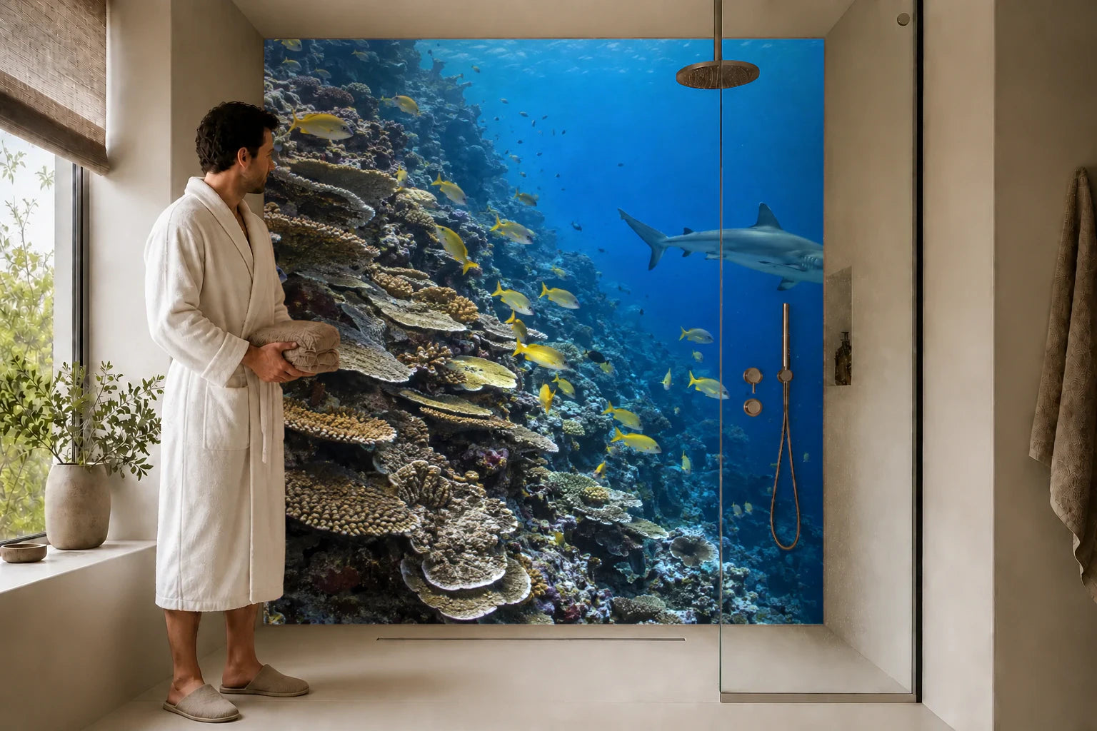 Duschrückwand „Steilriff mit goldenen Fischschwärmen“ in einer Dusche mit einem Mann im Bademantel