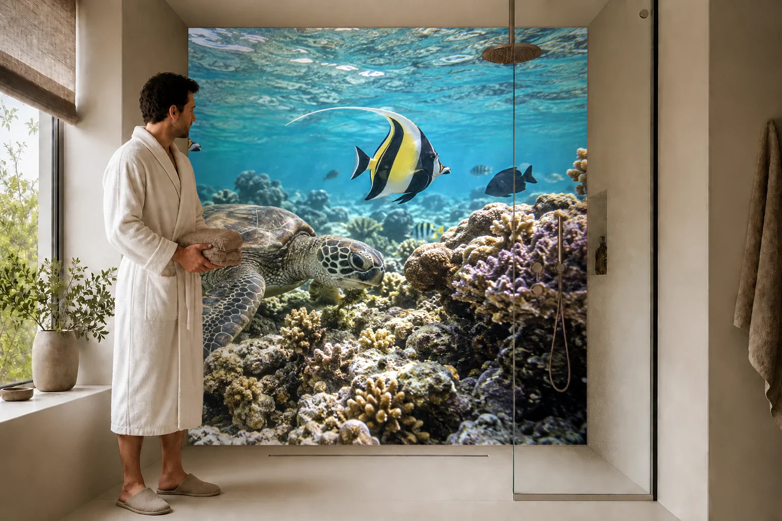 Duschrückwand „Korallengarten unter bewegter Wasseroberfläche“ in einer Dusche mit einem Mann im Bademantel
