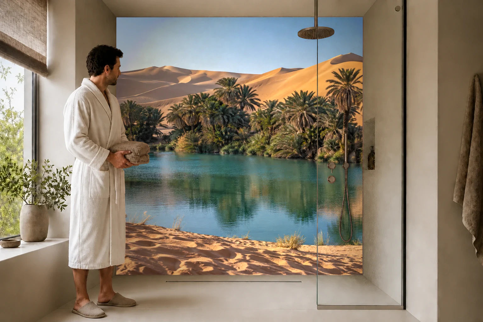 Duschrückwand „Palmenoase zwischen hohen Dünen“ in einer Dusche mit einem Mann im Bademantel