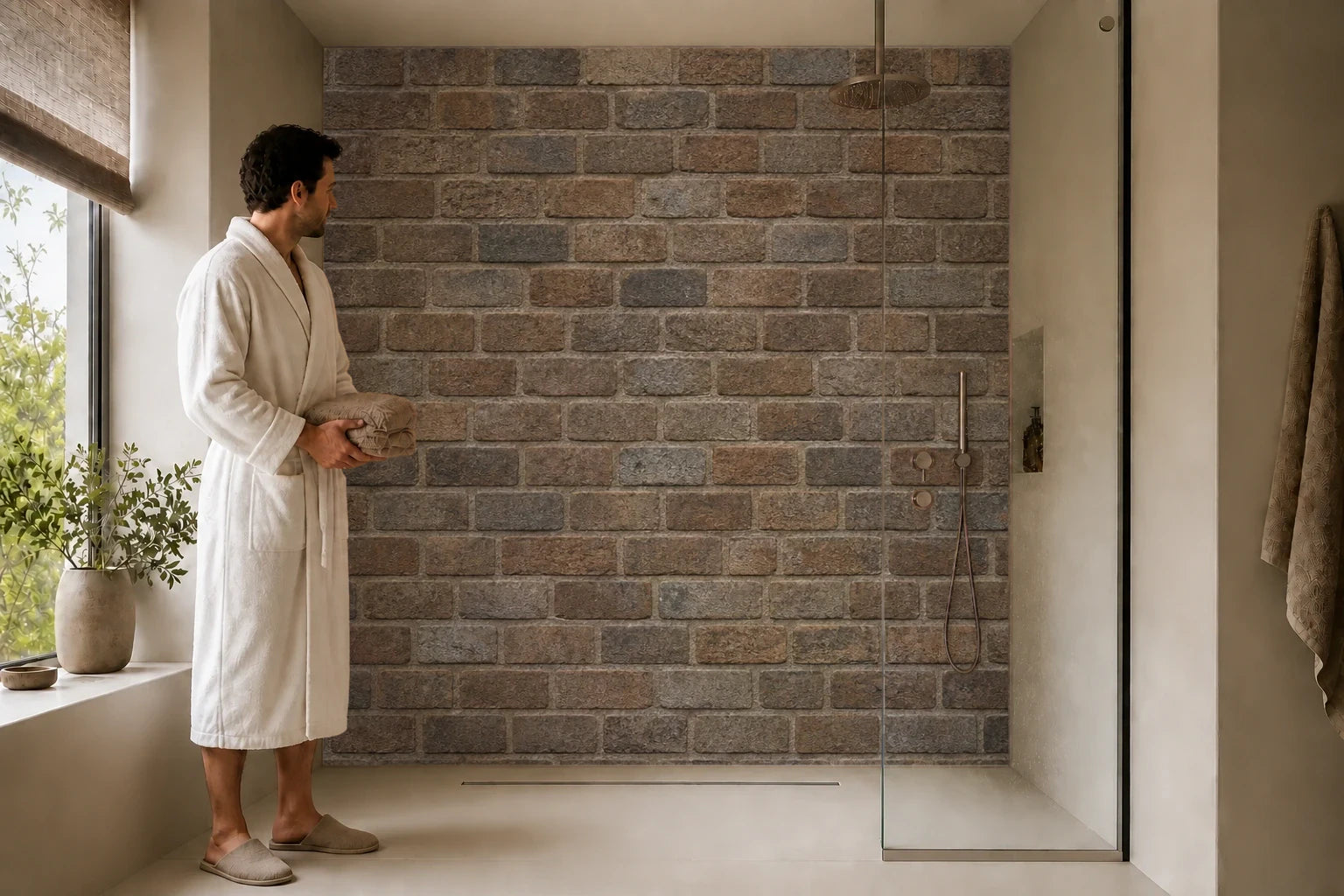 Duschrückwand „Erdbraunes Ziegelrelief“ in einer Dusche mit einem Mann im Bademantel