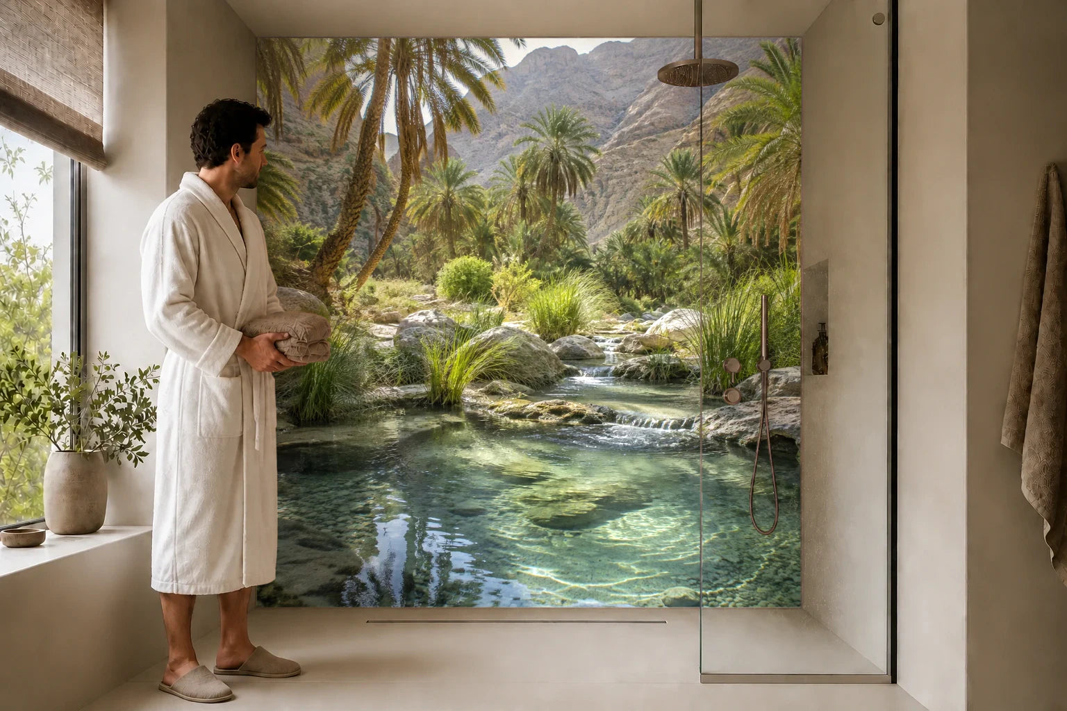 Duschrückwand „Quellbecken im Palmental“ in einer Dusche mit einem Mann im Bademantel