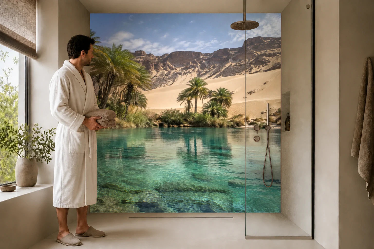 Duschrückwand „Oase am Rand weißer Dünen“ in einer Dusche mit einem Mann im Bademantel