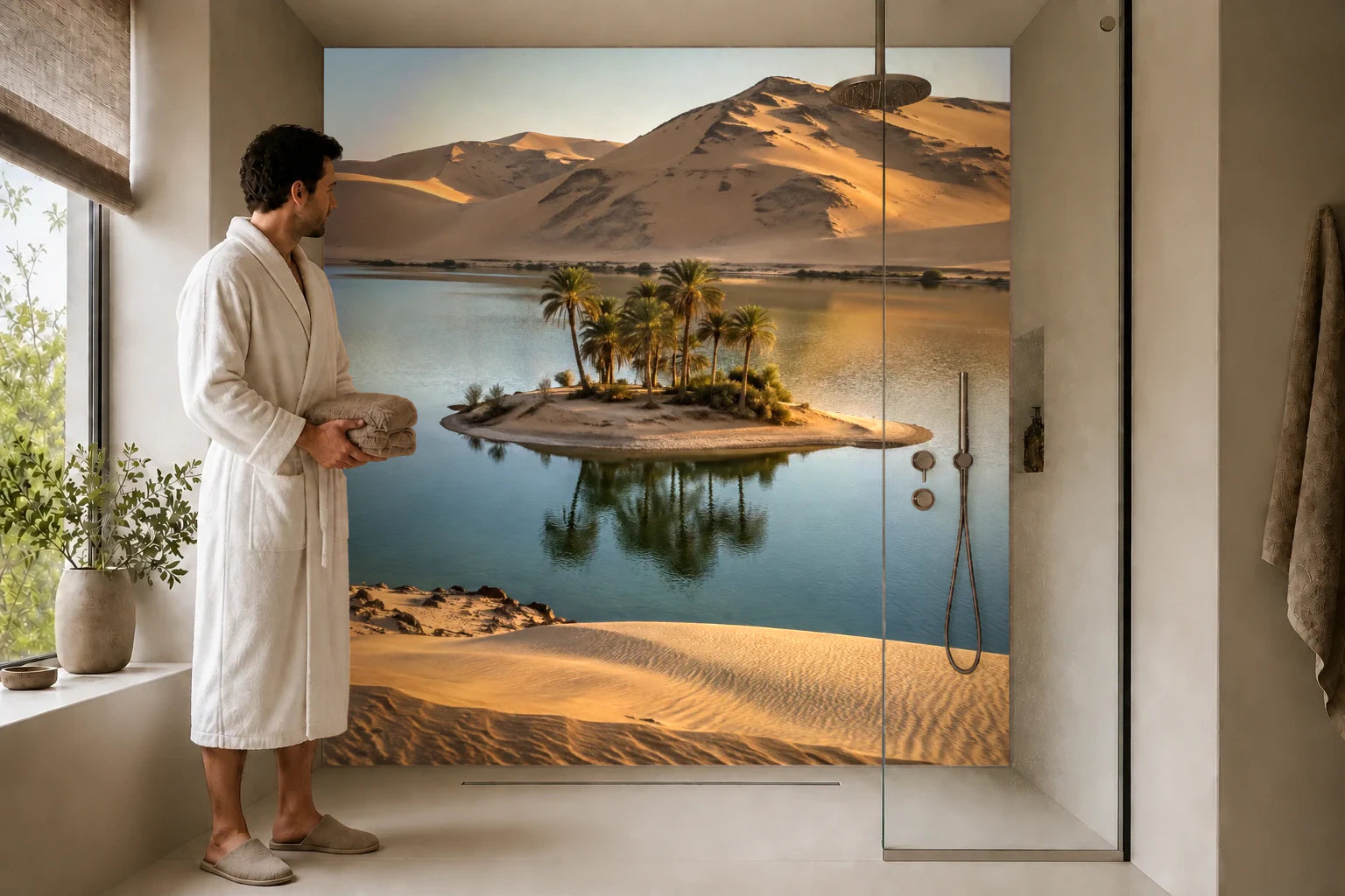 Duschrückwand „Palmeninsel im runden Oasensee“ in einer Dusche mit einem Mann im Bademantel