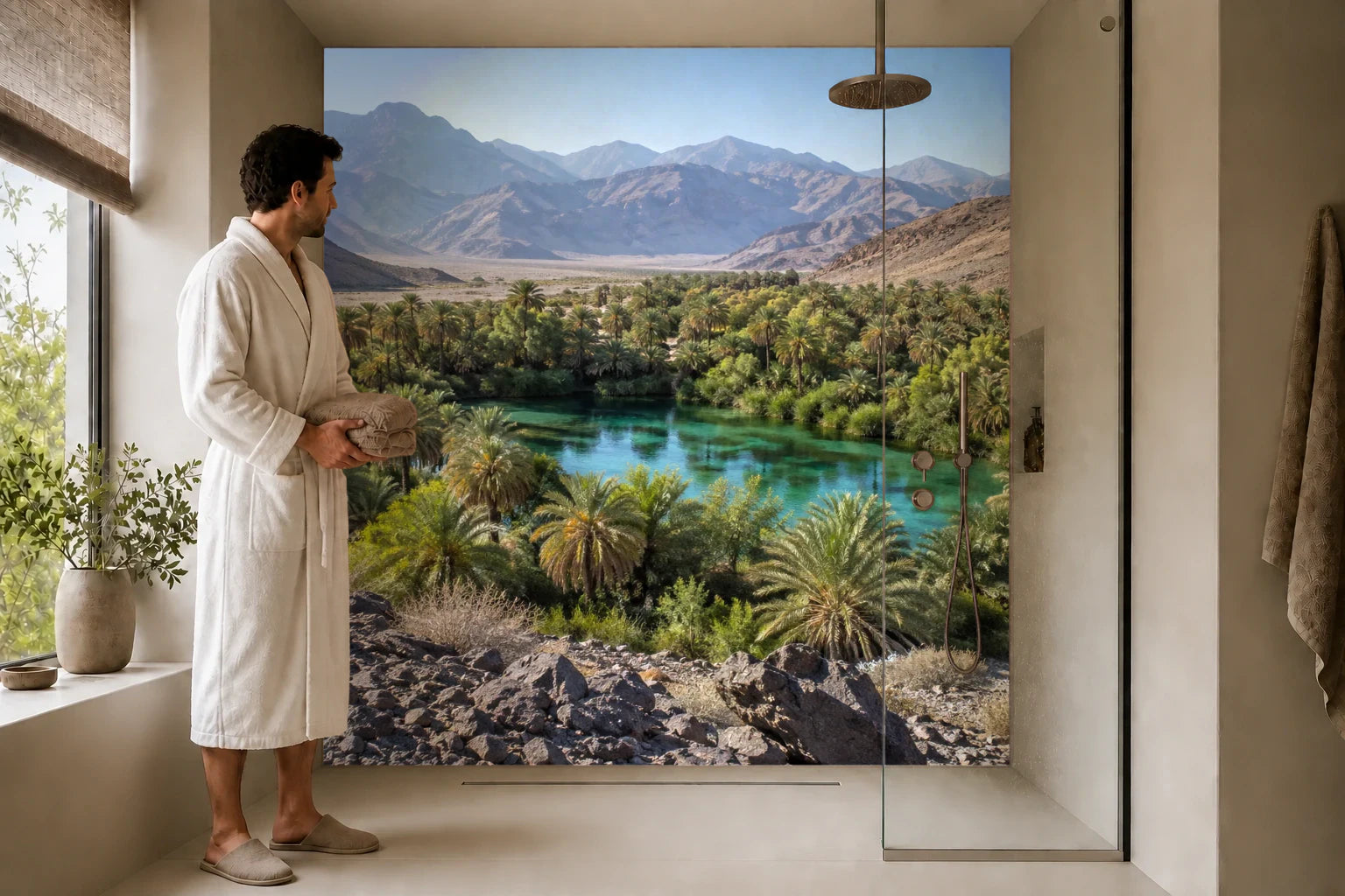Duschrückwand „Oase im weiten Steinwüstental“ in einer Dusche mit einem Mann im Bademantel