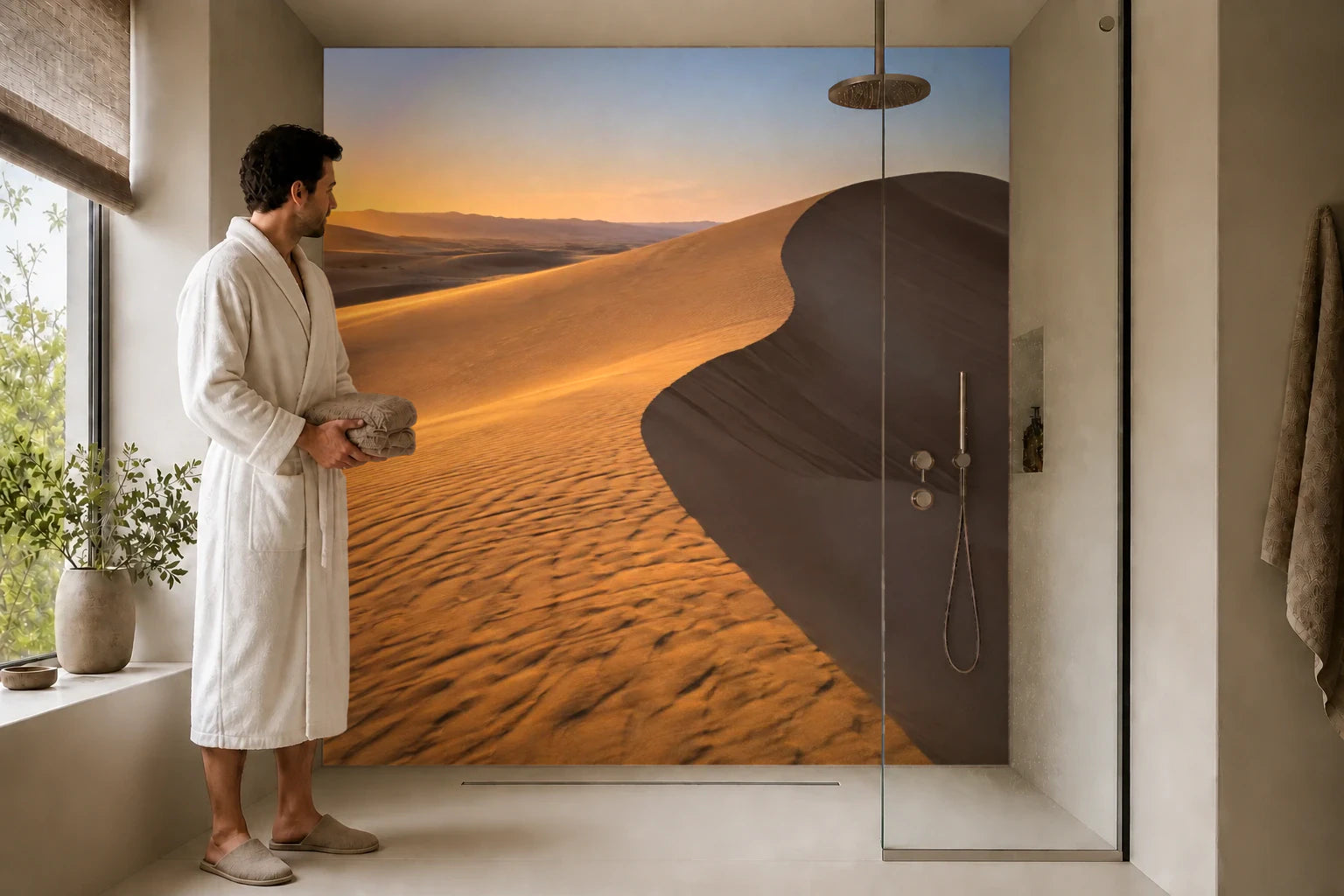 Duschrückwand „Sichelförmige Düne im Morgenlicht“ in einer Dusche mit einem Mann im Bademantel