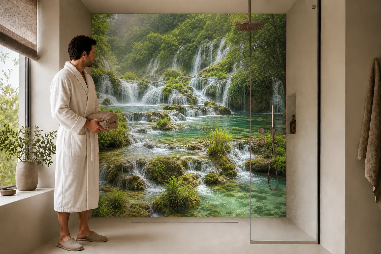 Duschrückwand „Waldkaskade im Klarwasser“ in einer Dusche mit einem Mann im Bademantel