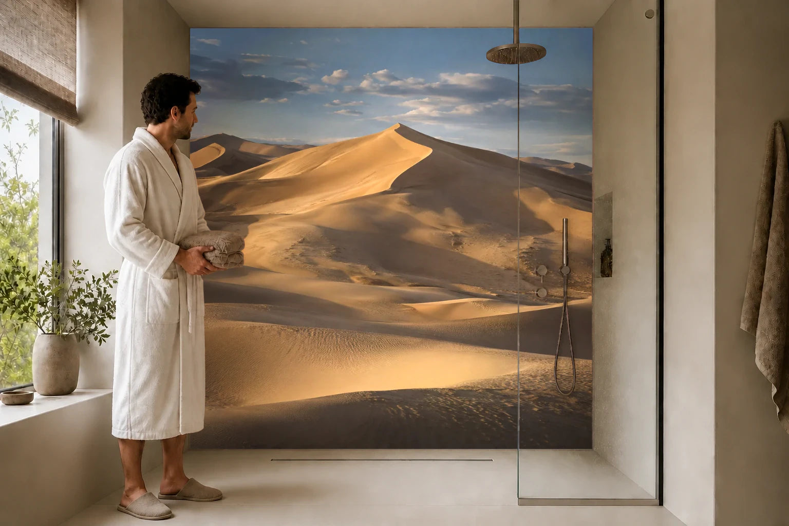 Duschrückwand „Dünenmeer unter ziehenden Wolken“ in einer Dusche mit einem Mann im Bademantel