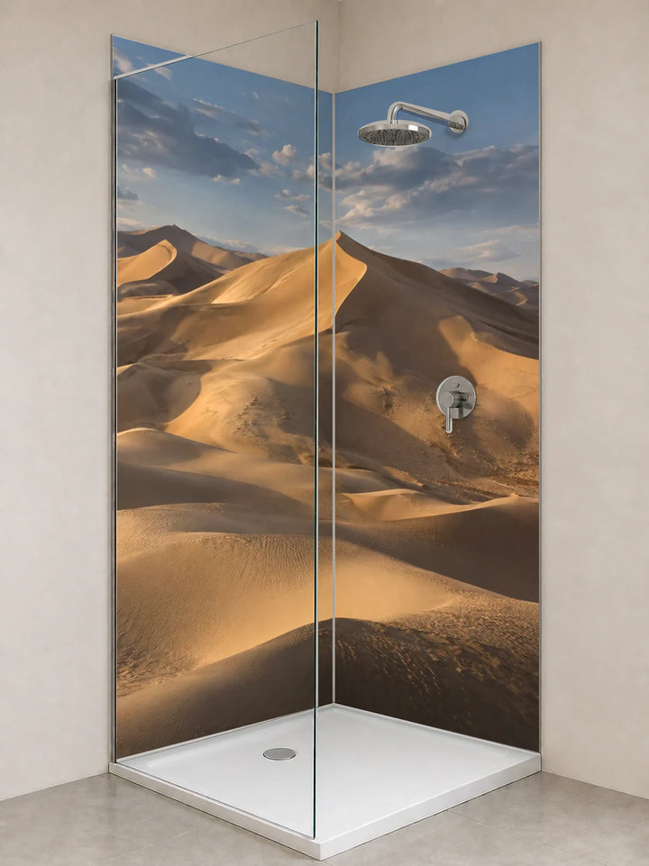 Duschrückwand „Dünenmeer unter ziehenden Wolken“ als installierte Rückwand in einer hellen Dusche