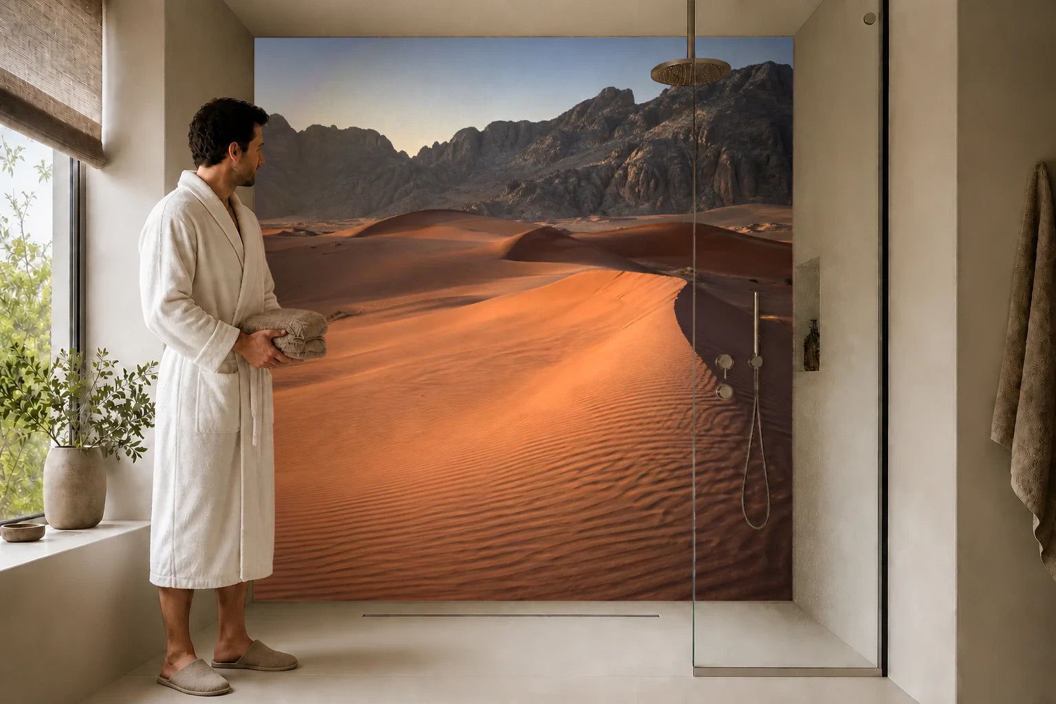 Duschrückwand „Rote Dünen vor dunklen Wüstenbergen“ in einer Dusche mit einem Mann im Bademantel