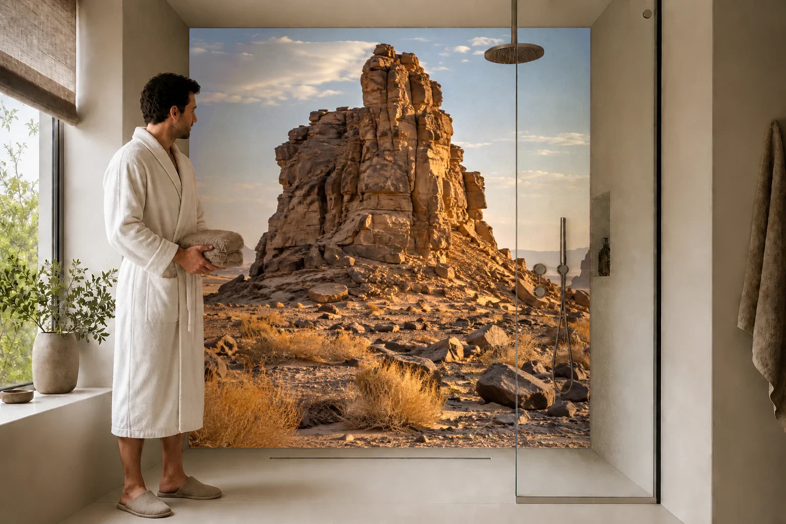 Duschrückwand „Kieswüste mit verwitterten Felstürmen“ in einer Dusche mit einem Mann im Bademantel
