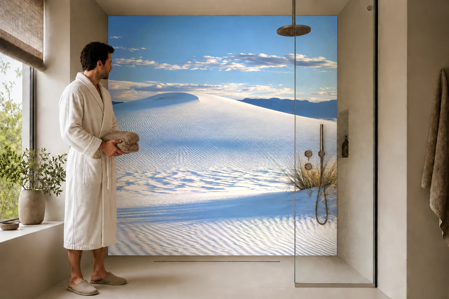 Duschrückwand „Weiße Sanddünen unter klarem Himmel“ in einer Dusche mit einem Mann im Bademantel