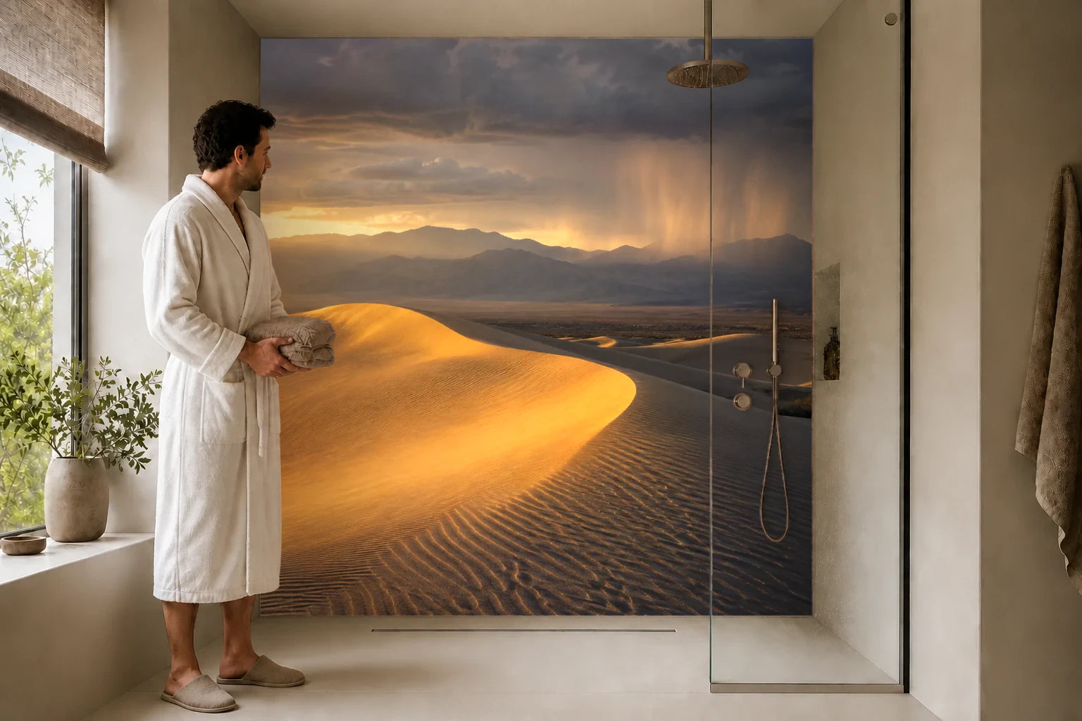 Duschrückwand „Goldene Düne im fernen Regenlicht“ in einer Dusche mit einem Mann im Bademantel
