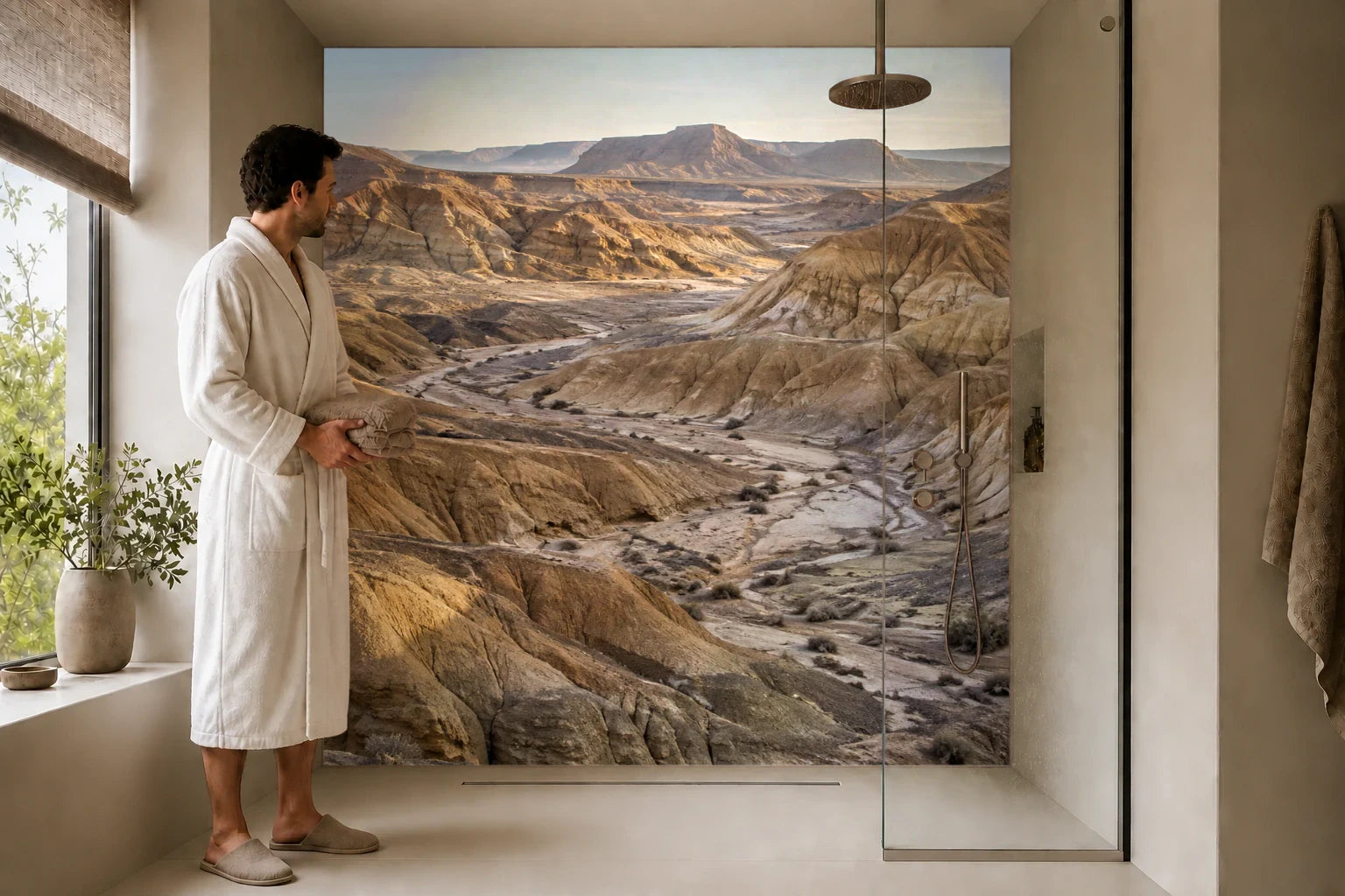 Duschrückwand „Wüstenplateau mit tiefen Erosionsrinnen“ in einer Dusche mit einem Mann im Bademantel
