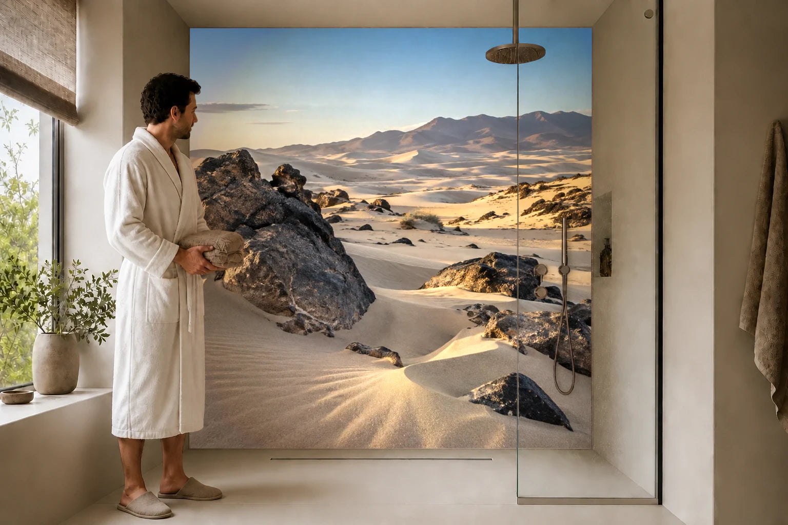 Duschrückwand „Sandwellen zwischen schwarzen Felsen“ in einer Dusche mit einem Mann im Bademantel