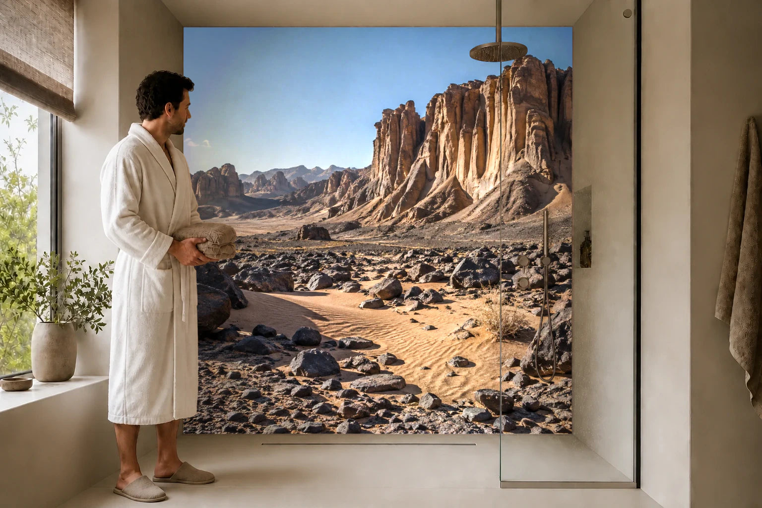 Duschrückwand „Felswüste unter einem weiten Himmel“ in einer Dusche mit einem Mann im Bademantel