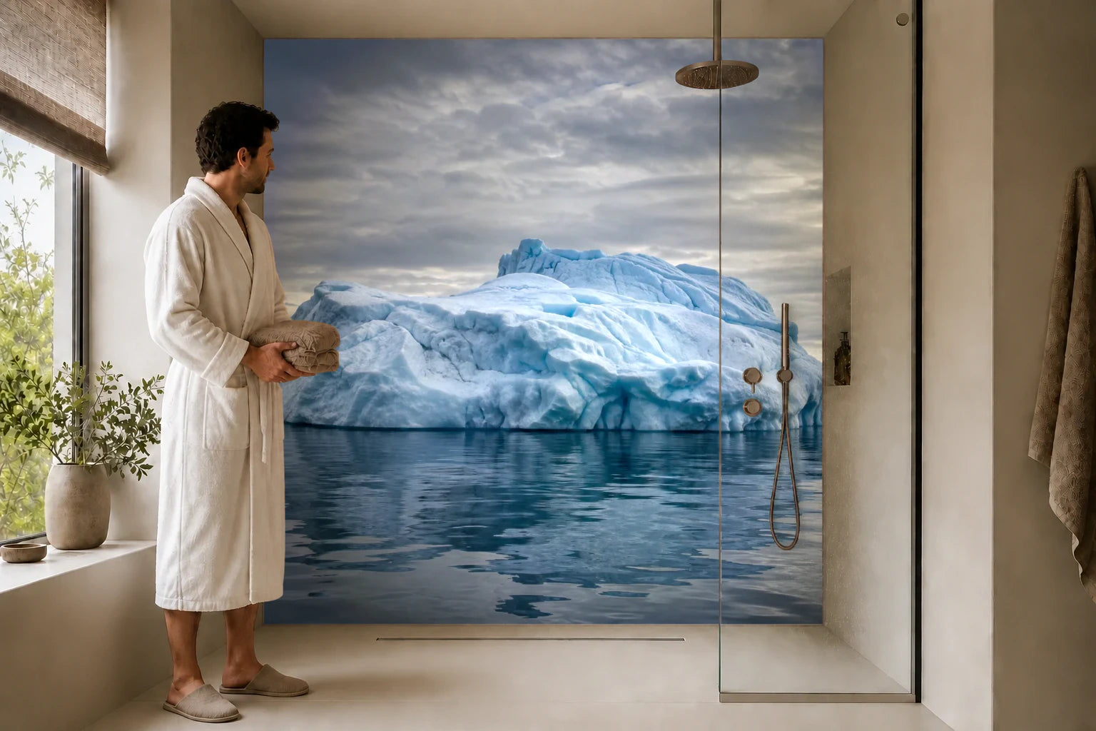 Duschrückwand „Eisberge auf stillem Polarmeer“ in einer Dusche mit einem Mann im Bademantel
