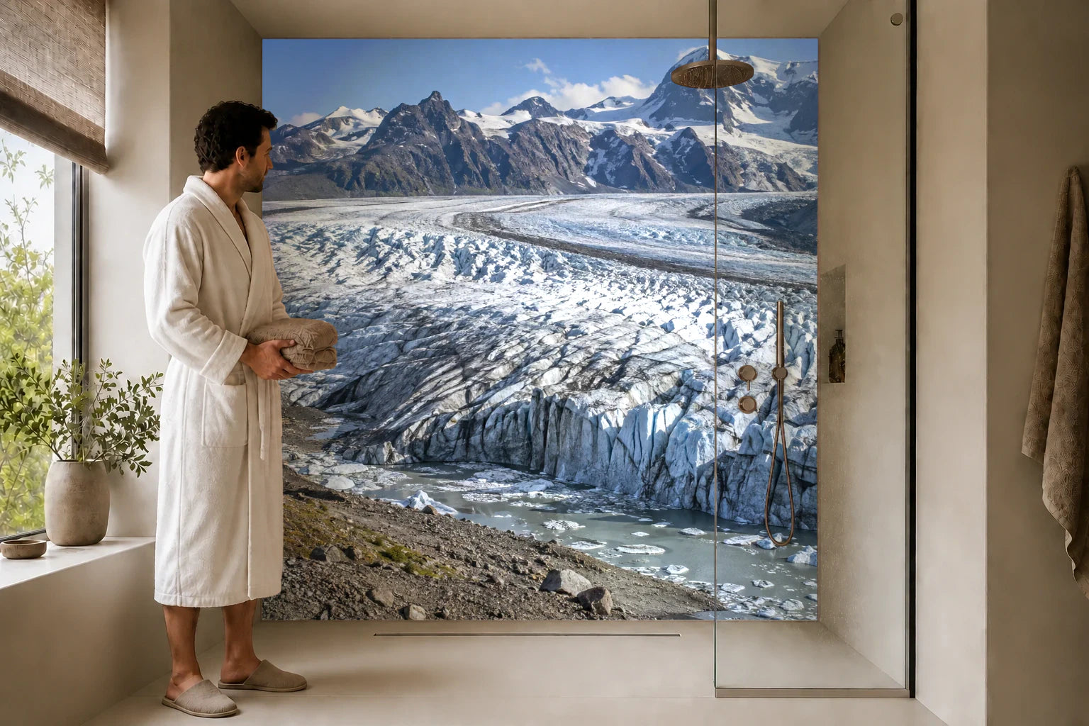 Duschrückwand „Gletscherzunge über dunkler Moräne“ in einer Dusche mit einem Mann im Bademantel