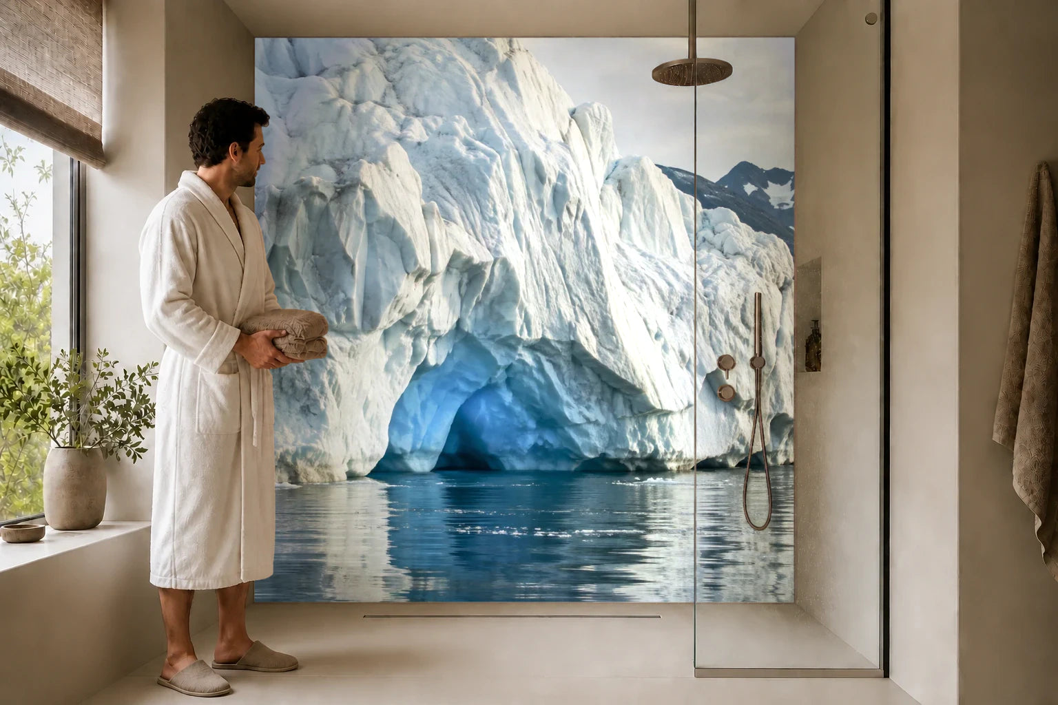 Duschrückwand „Eisbogen im treibenden Eisberg“ in einer Dusche mit einem Mann im Bademantel