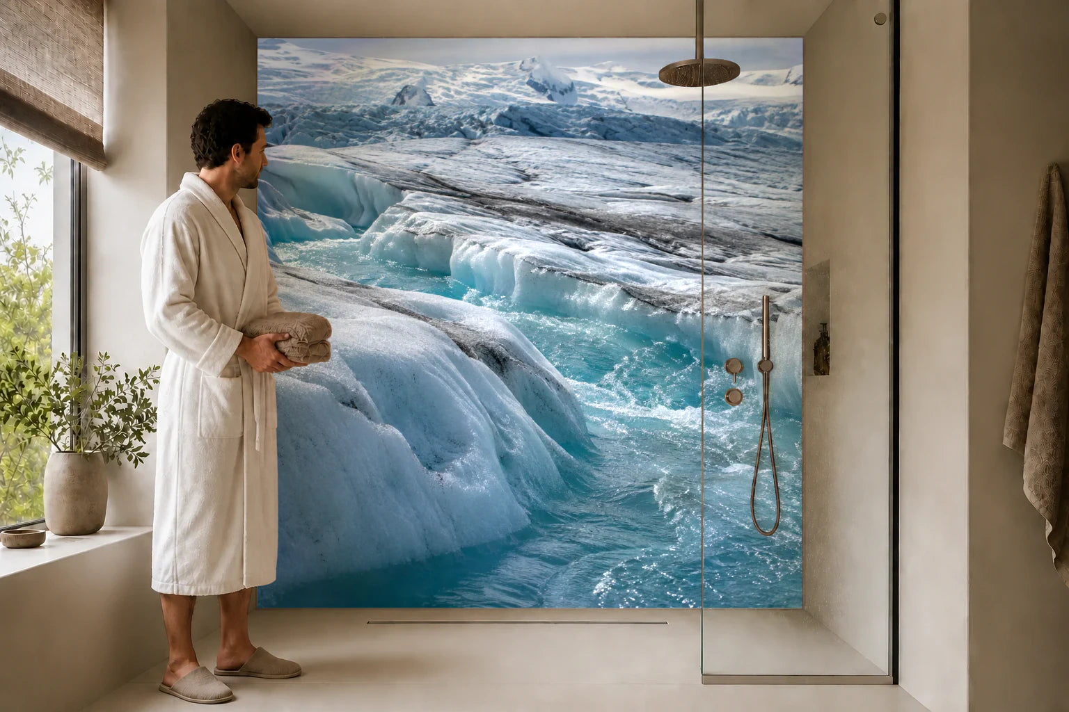 Duschrückwand „Türkise Schmelzwasserrinne im Eis“ in einer Dusche mit einem Mann im Bademantel