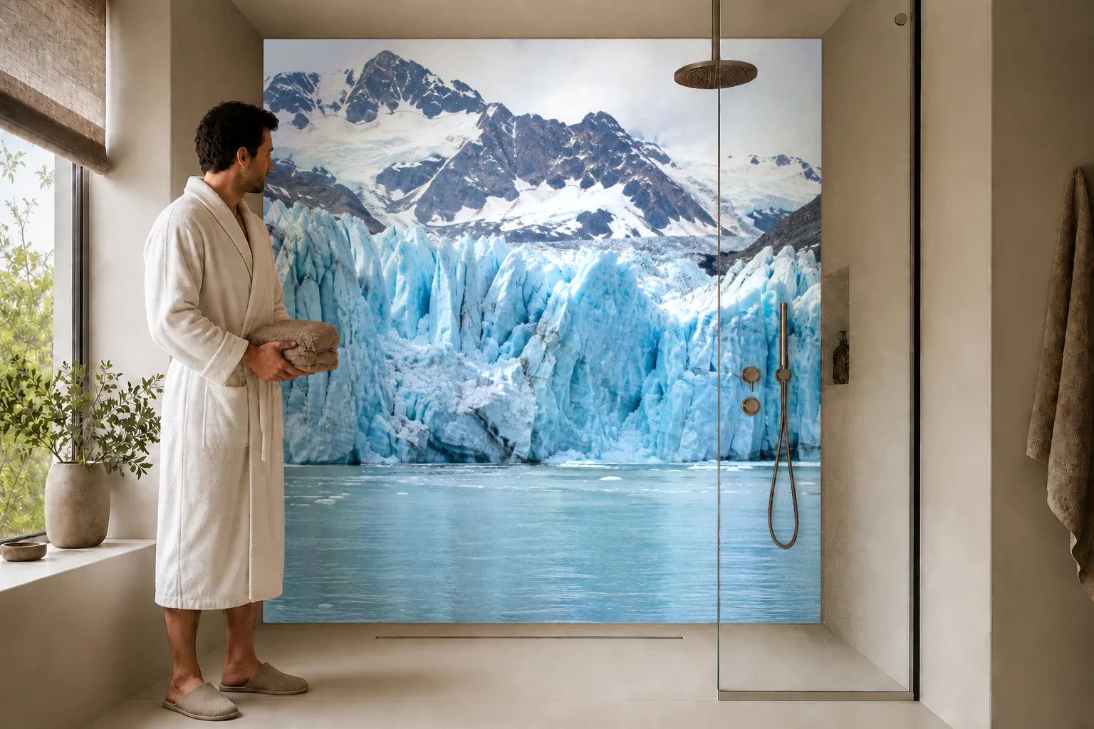 Duschrückwand „Gletscherfront am stillen Fjord“ in einer Dusche mit einem Mann im Bademantel