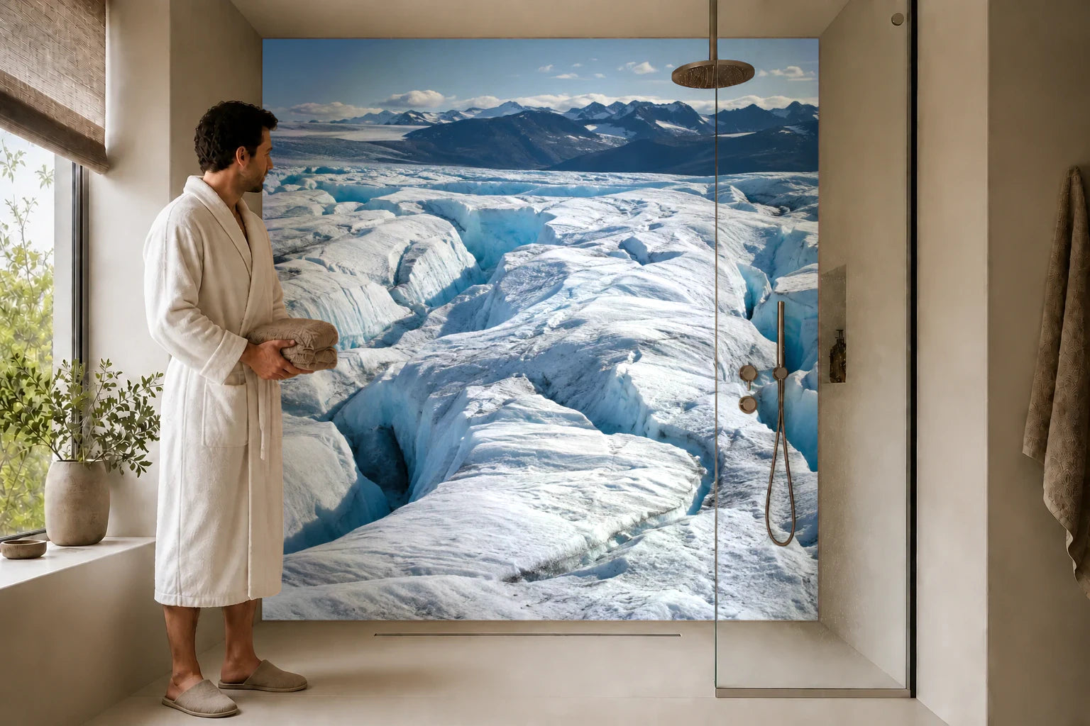 Duschrückwand „Spalten im hellen Firnfeld“ in einer Dusche mit einem Mann im Bademantel