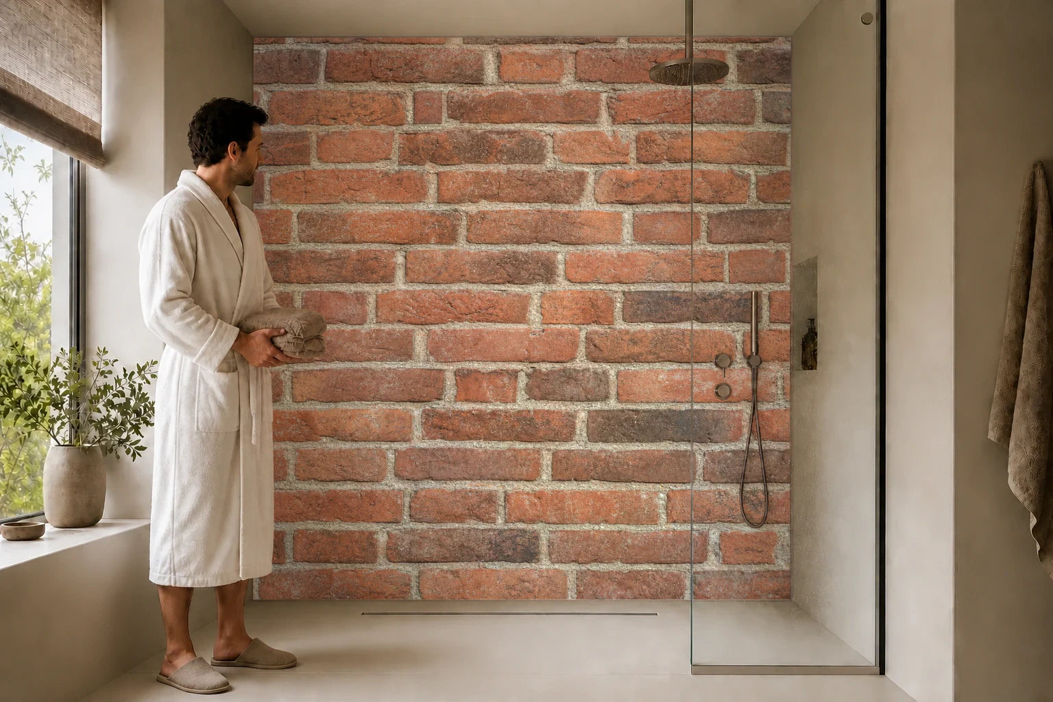Duschrückwand „Ziegelrot mit Patina“ in einer Dusche mit einem Mann im Bademantel