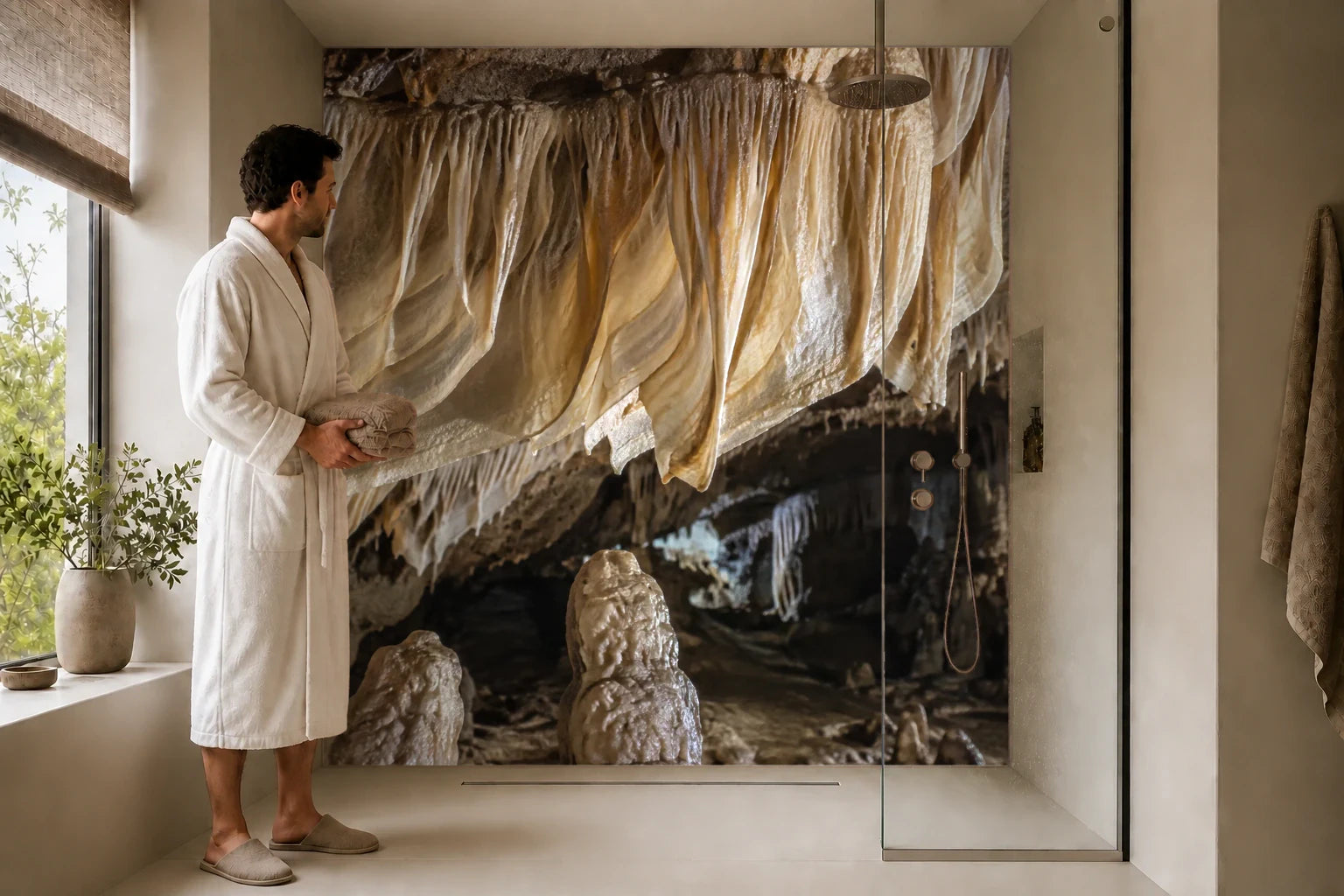 Duschrückwand „Kalkvorhänge in einer stillen Höhle“ in einer Dusche mit einem Mann im Bademantel